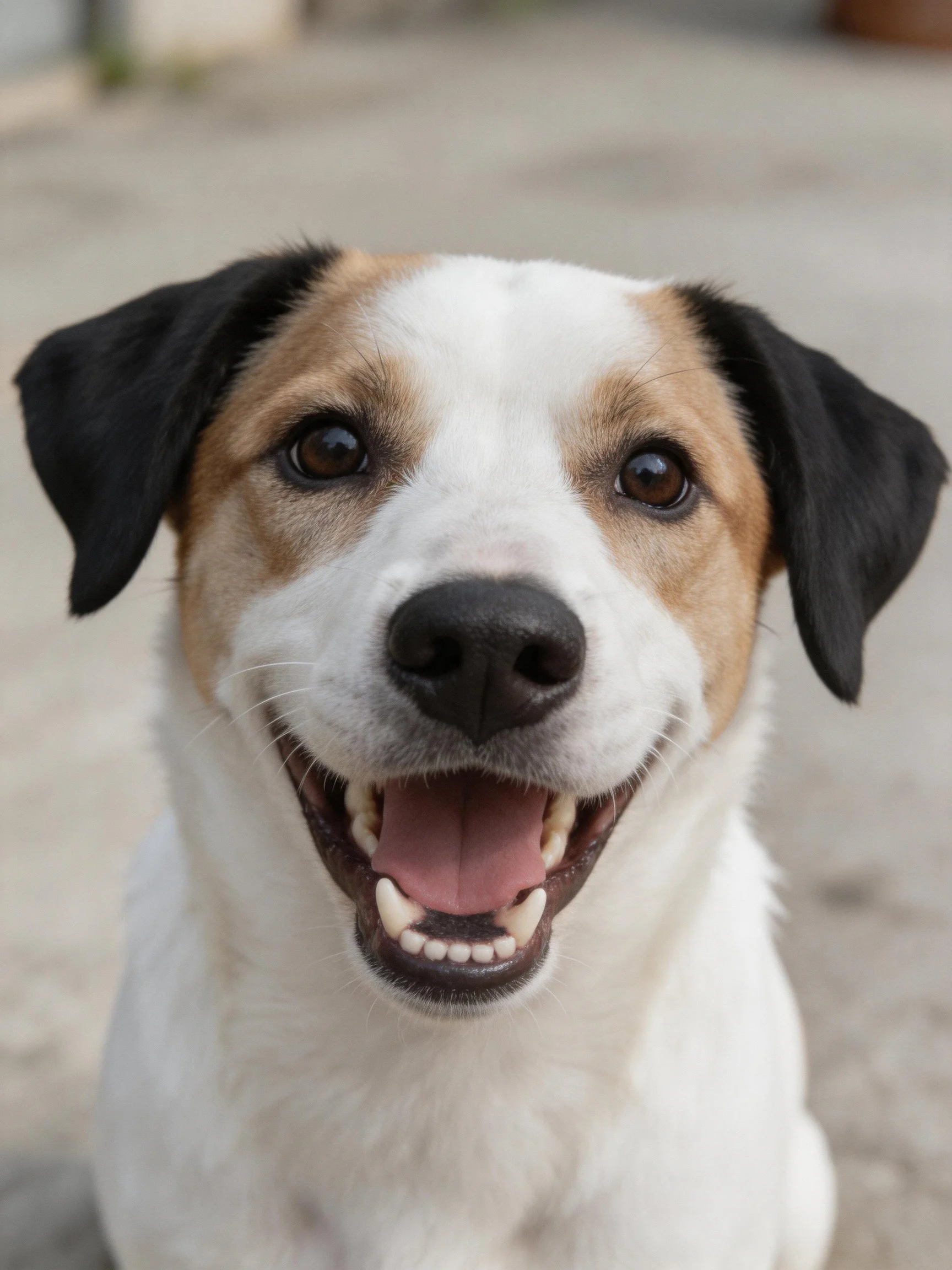 A joyful mixed-breed dog with black ears and white and tan fur