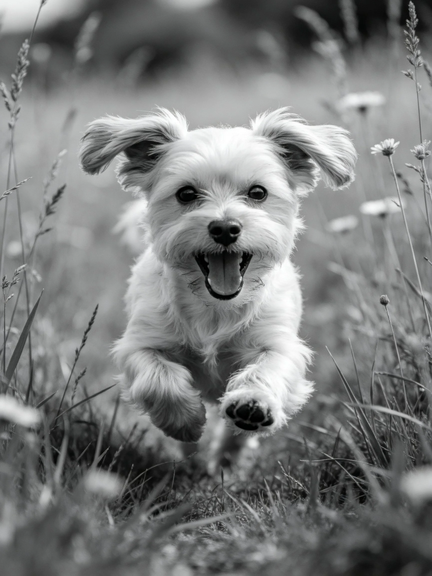 A small dog joyfully runs through tall grass in a monochrome setting.