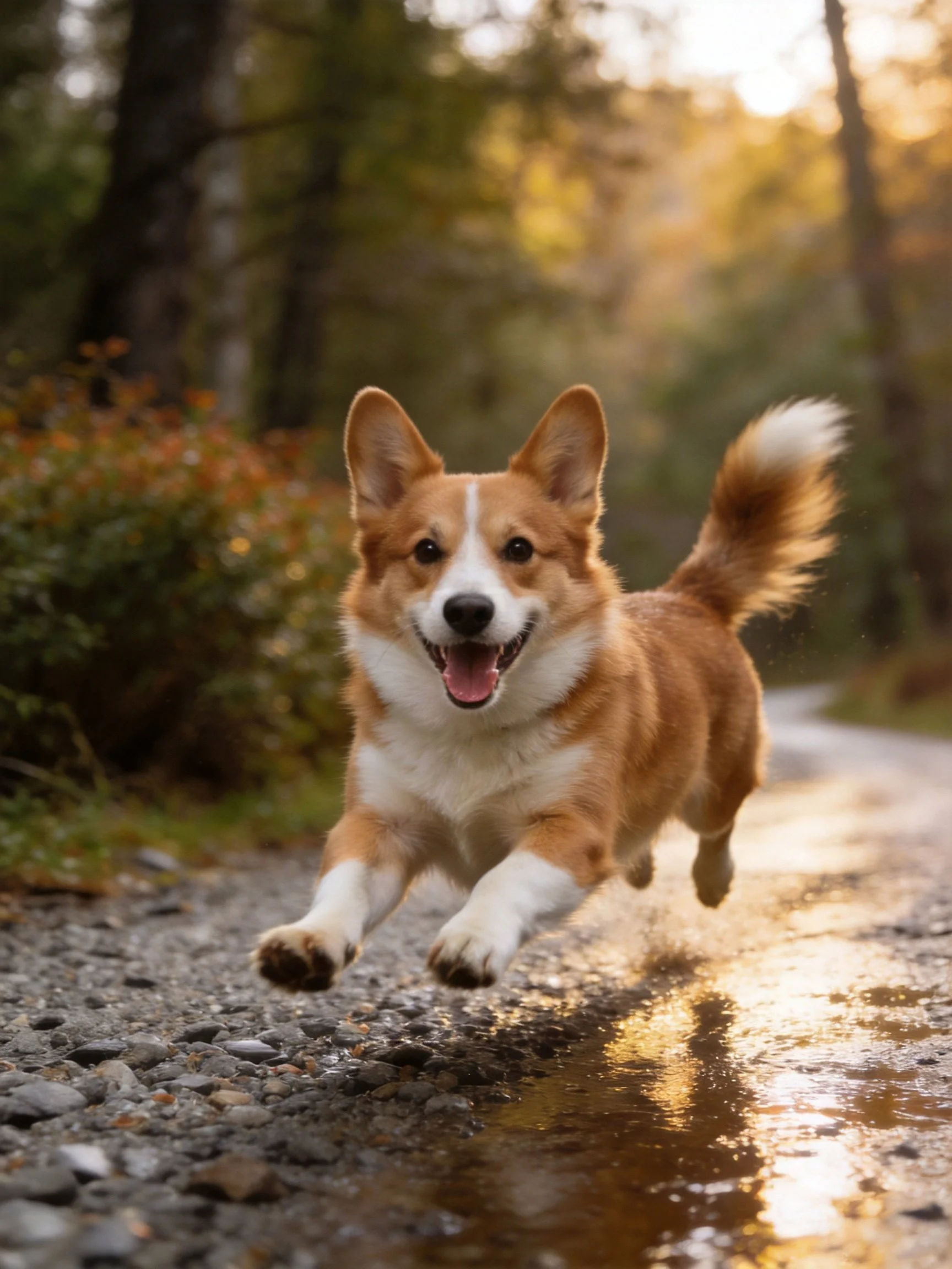 A joyful tan and white corgi leaps on a forest path