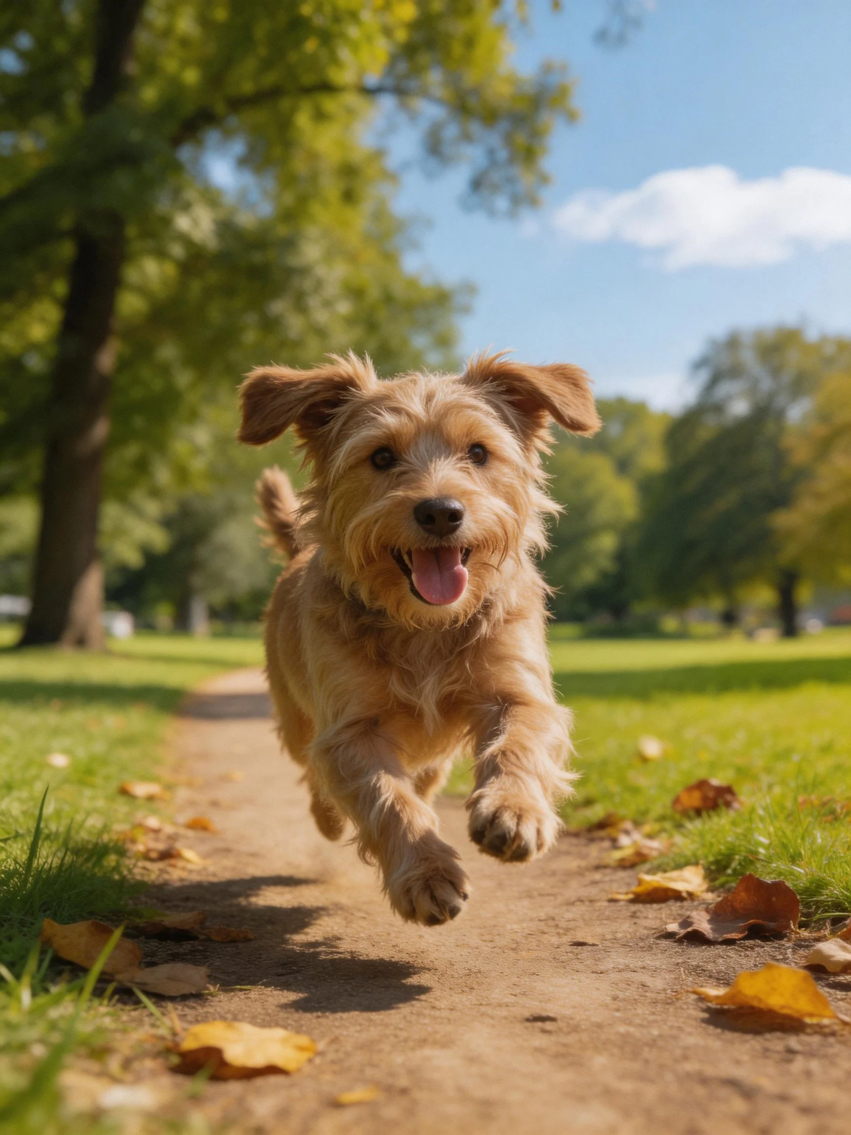A happy tan dog jumps toward the camera on a leafy park path.