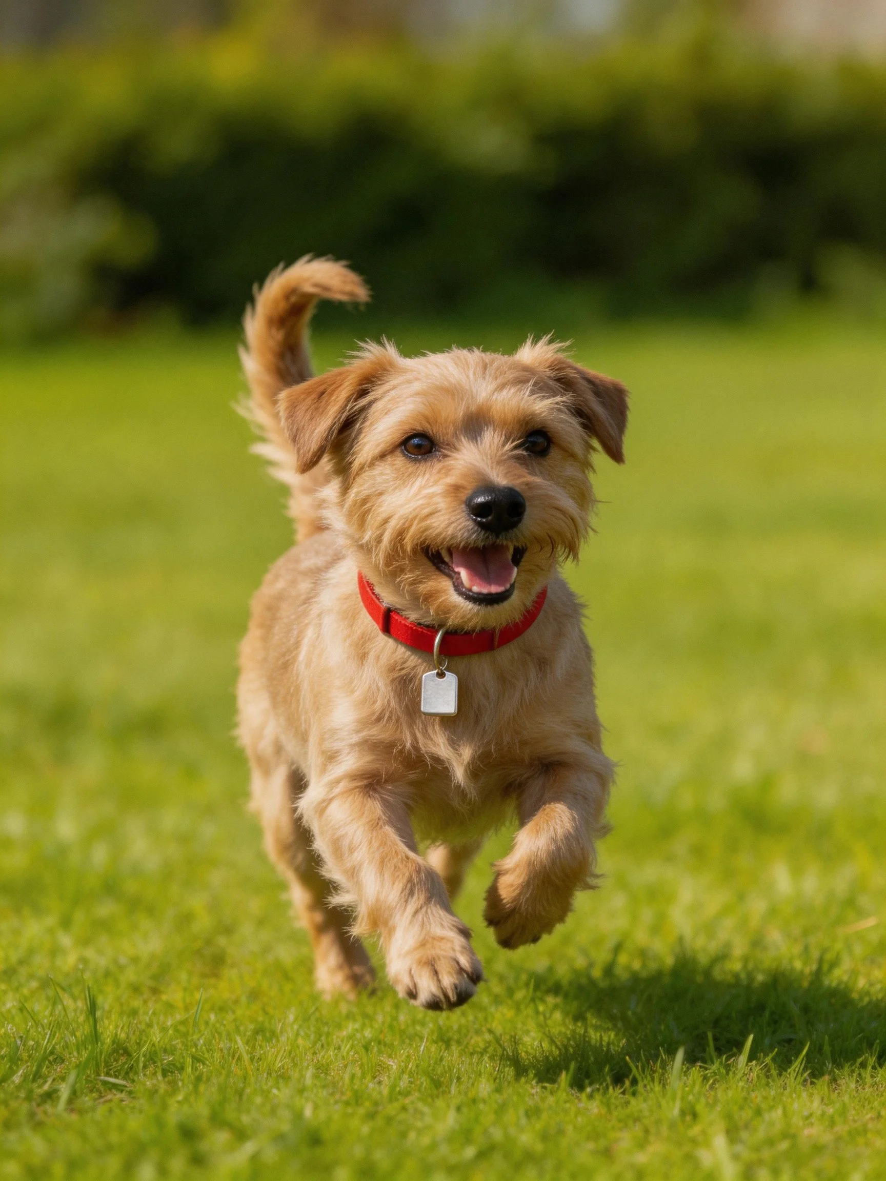 A tan dog joyfully runs on a sunny green meadow