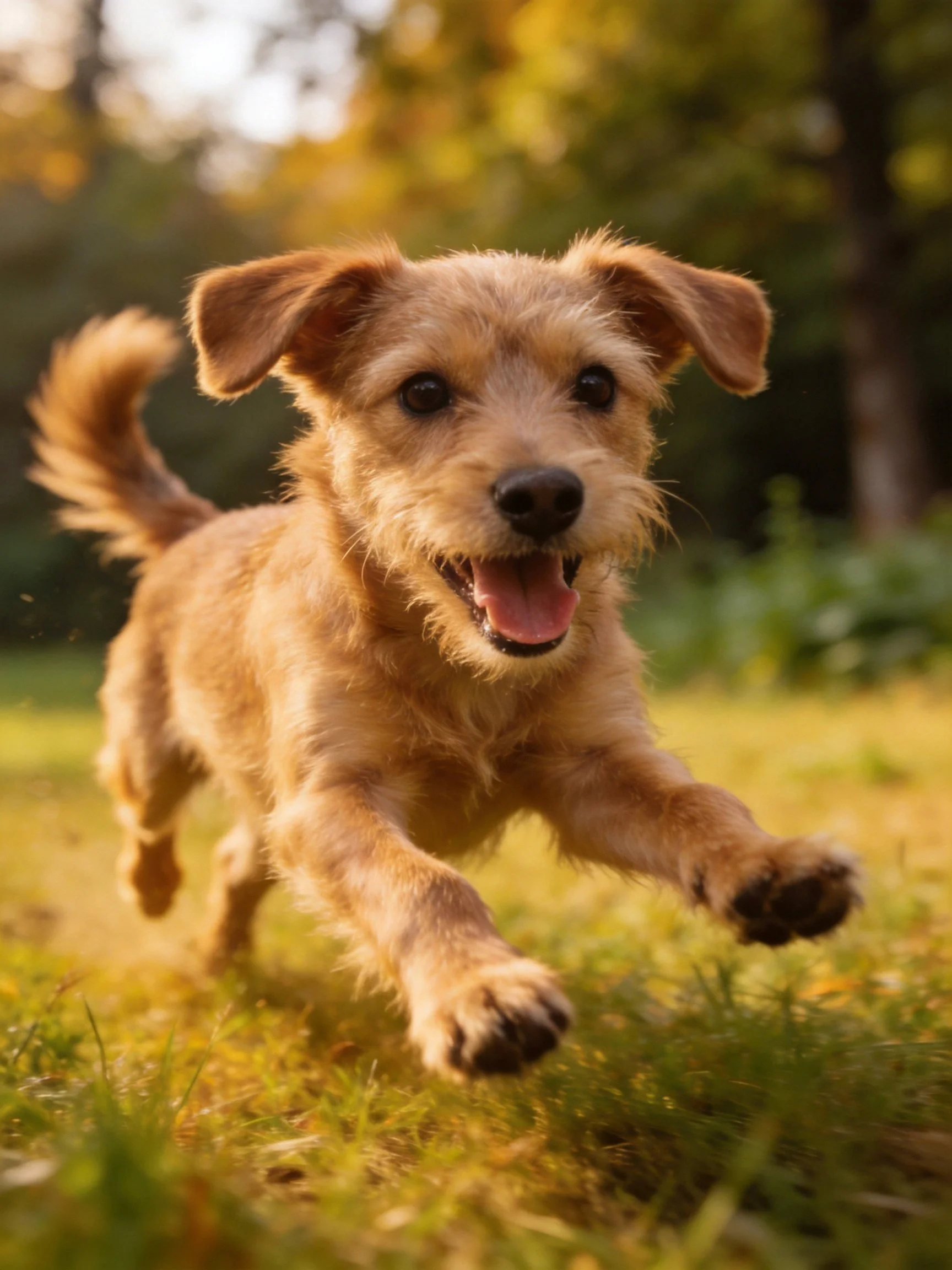 A joyful tan puppy running through sunlit green grass