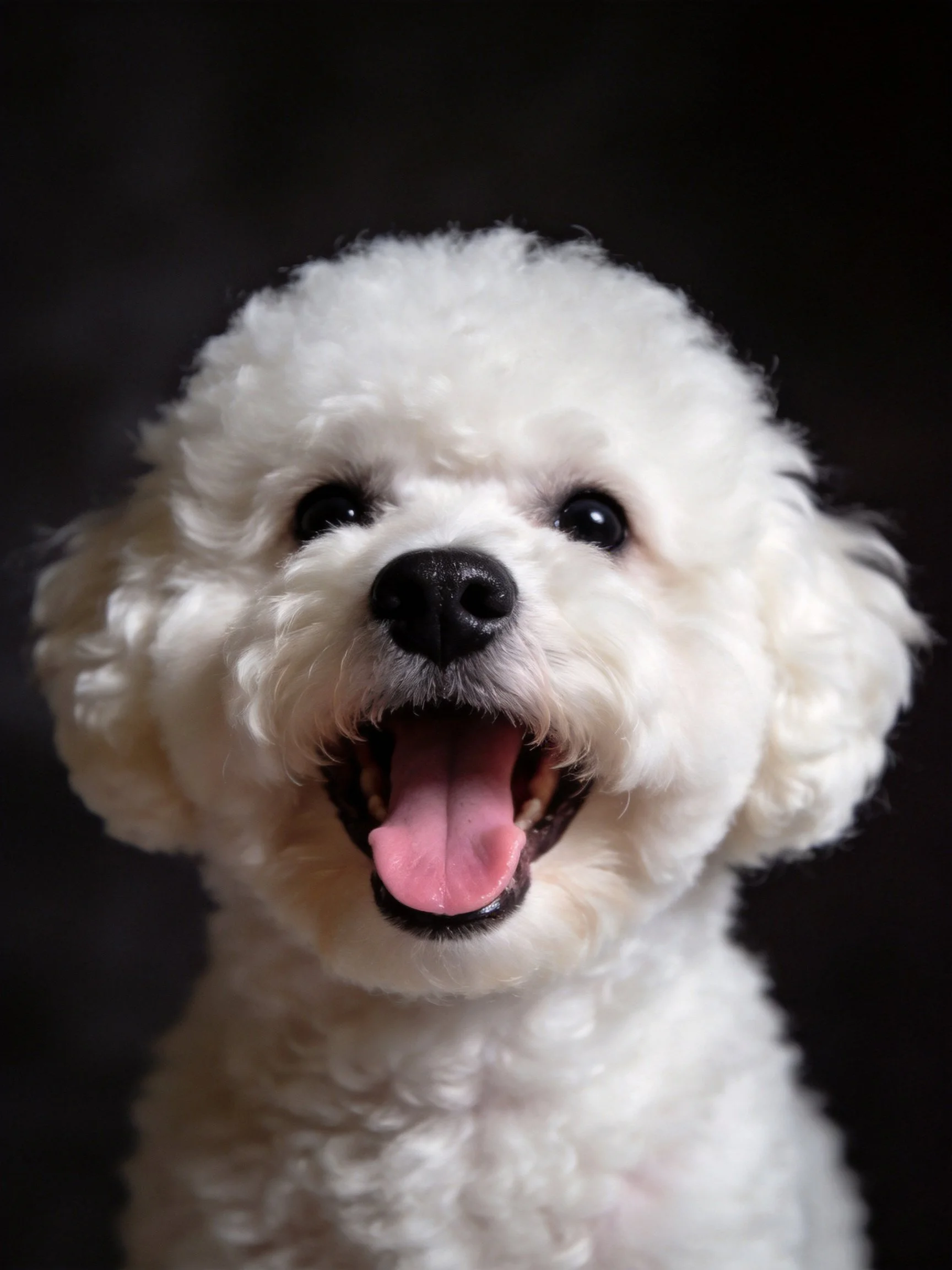 A cheerful white Bichon Frise shows a happy expression.