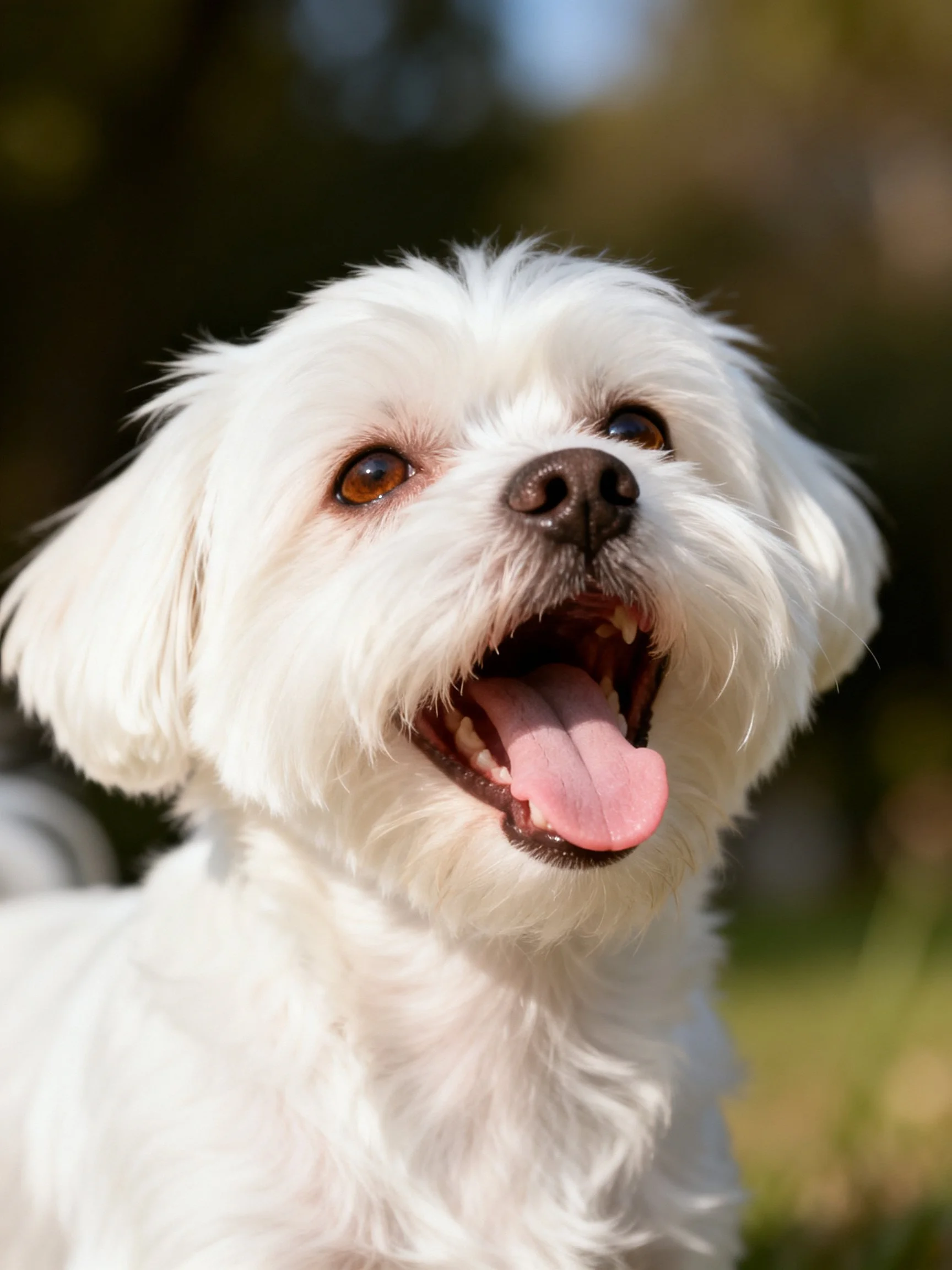 A happy white Maltese dog shows joy with mouth open outdoors.