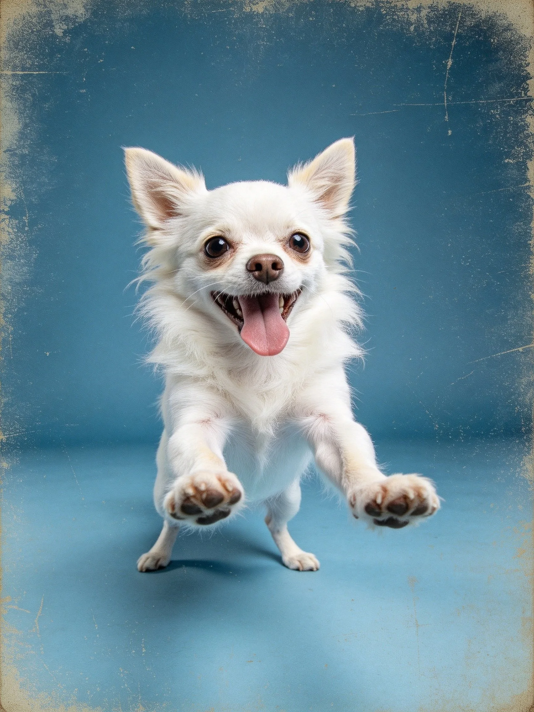 A cheerful small white dog leaps toward the viewer with outstretched paws.