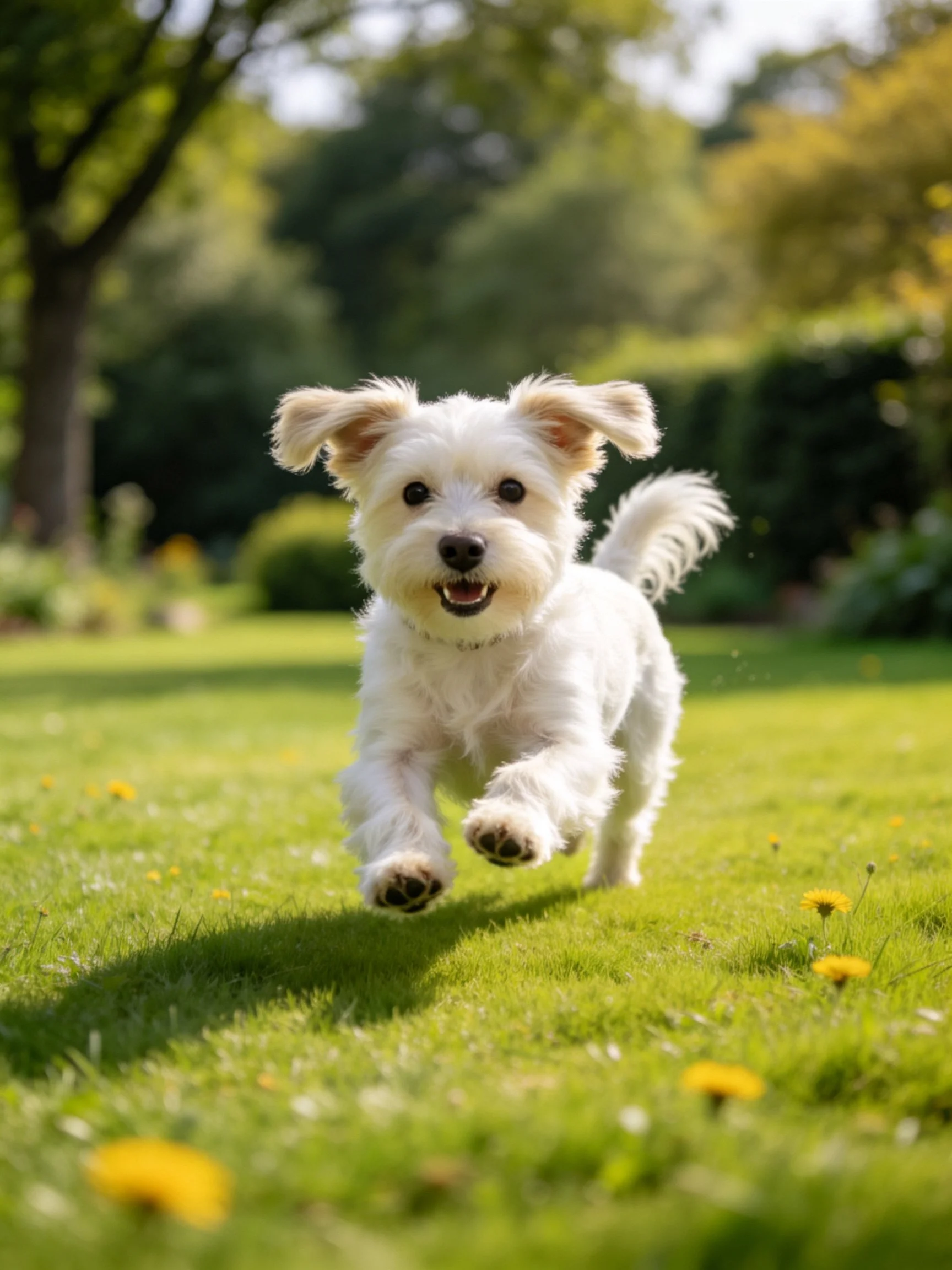 A small white dog joyfully runs on a green lawn toward the viewer.