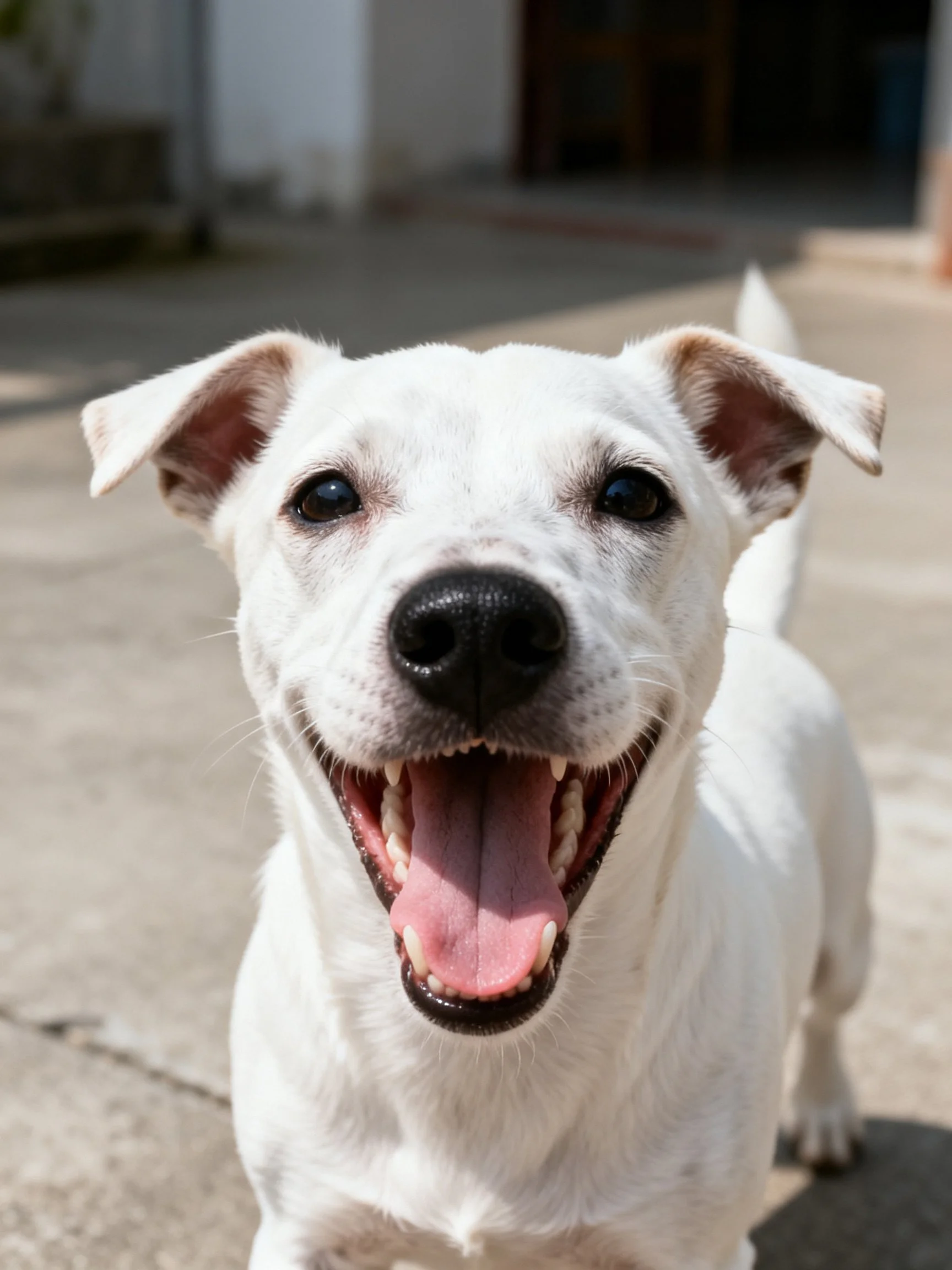 A joyful white dog with open mouth and bright eyes