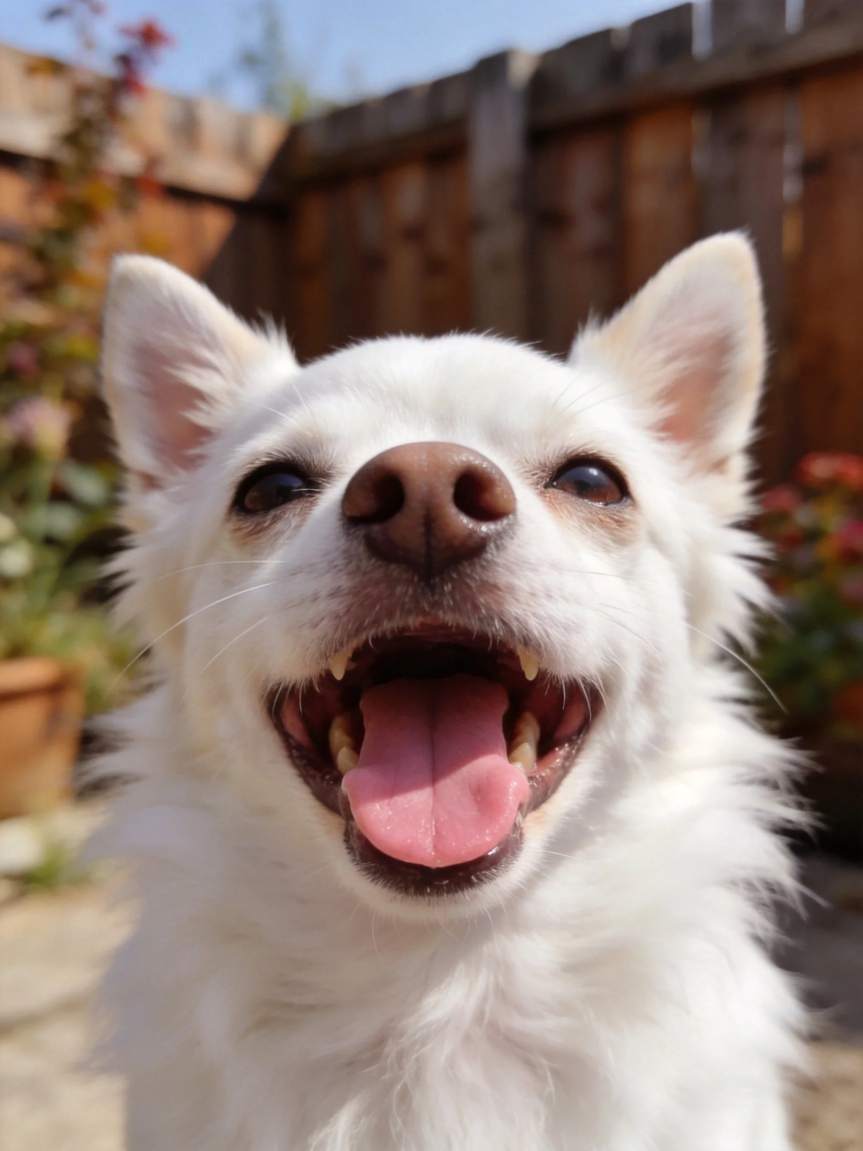 A white dog joyfully shows its tongue with mouth open outdoors.