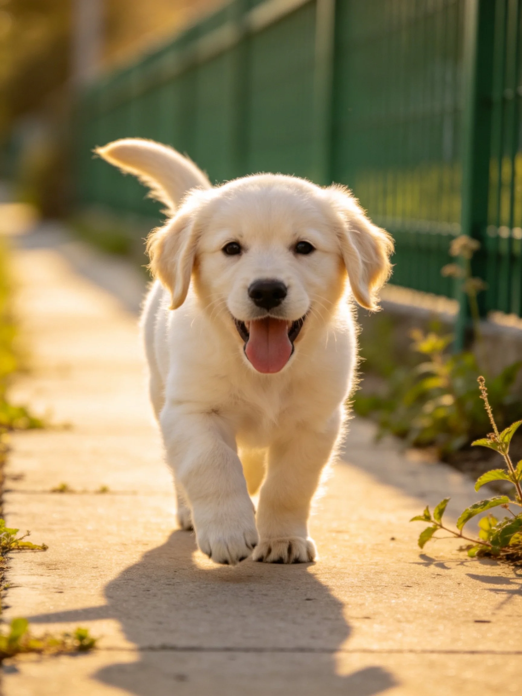 A joyful white puppy walks toward the viewer on a sunlit sidewalk.