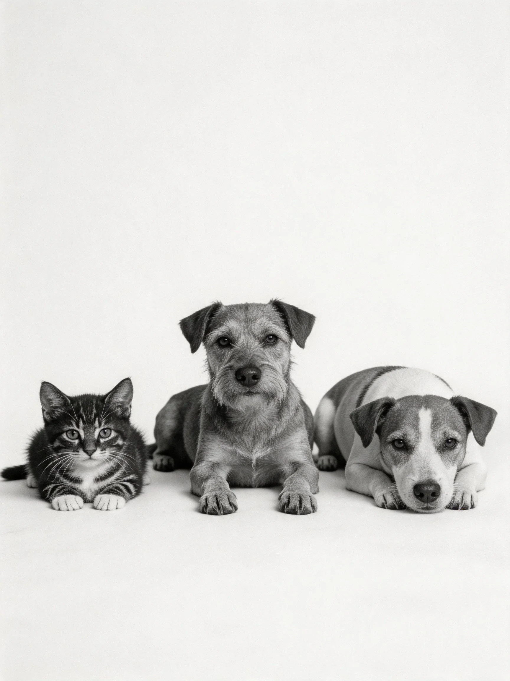 Three pets lie together on a plain white surface