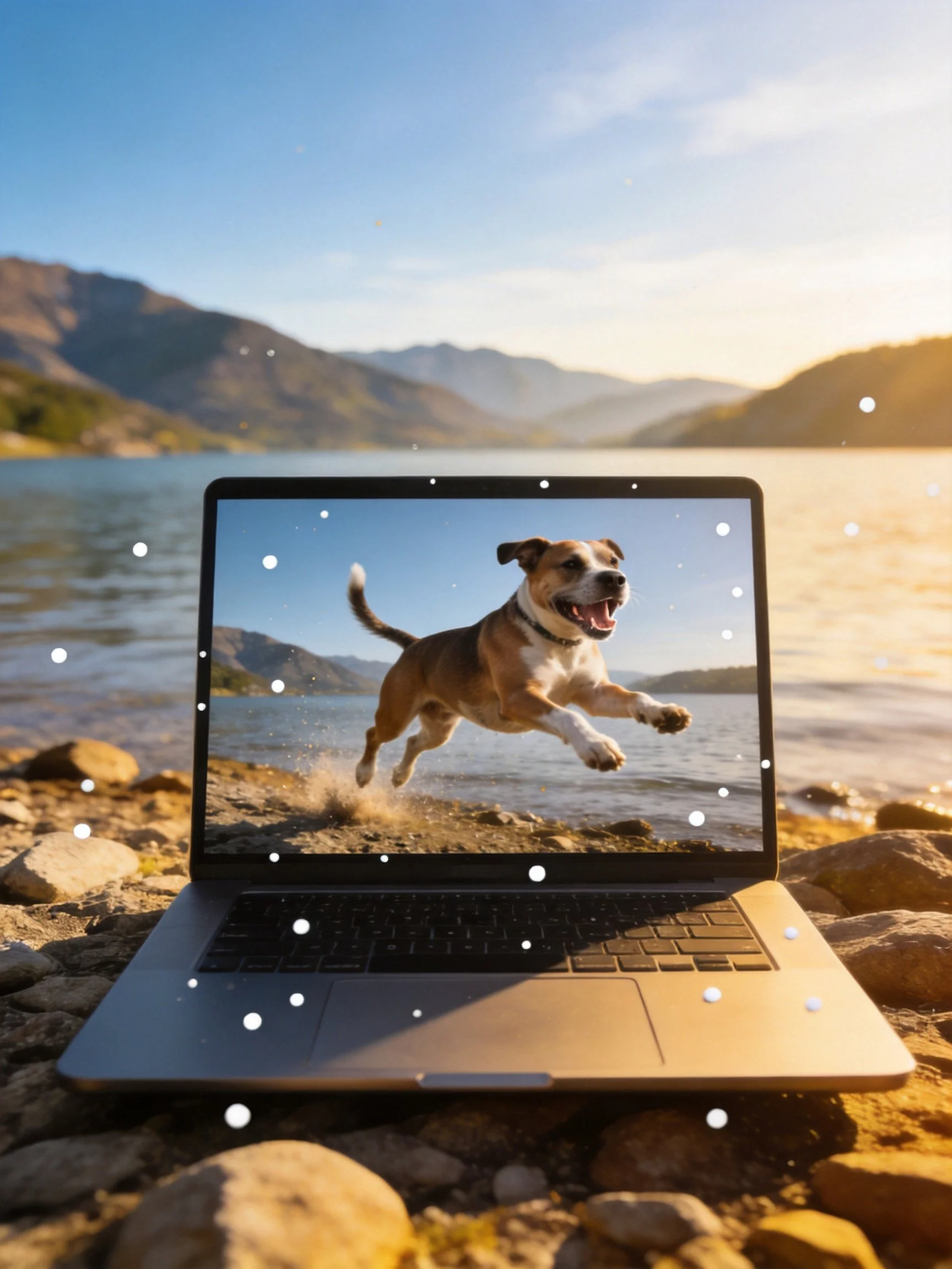 A laptop displays a joyful dog leaping from screen onto rocky lakeshore