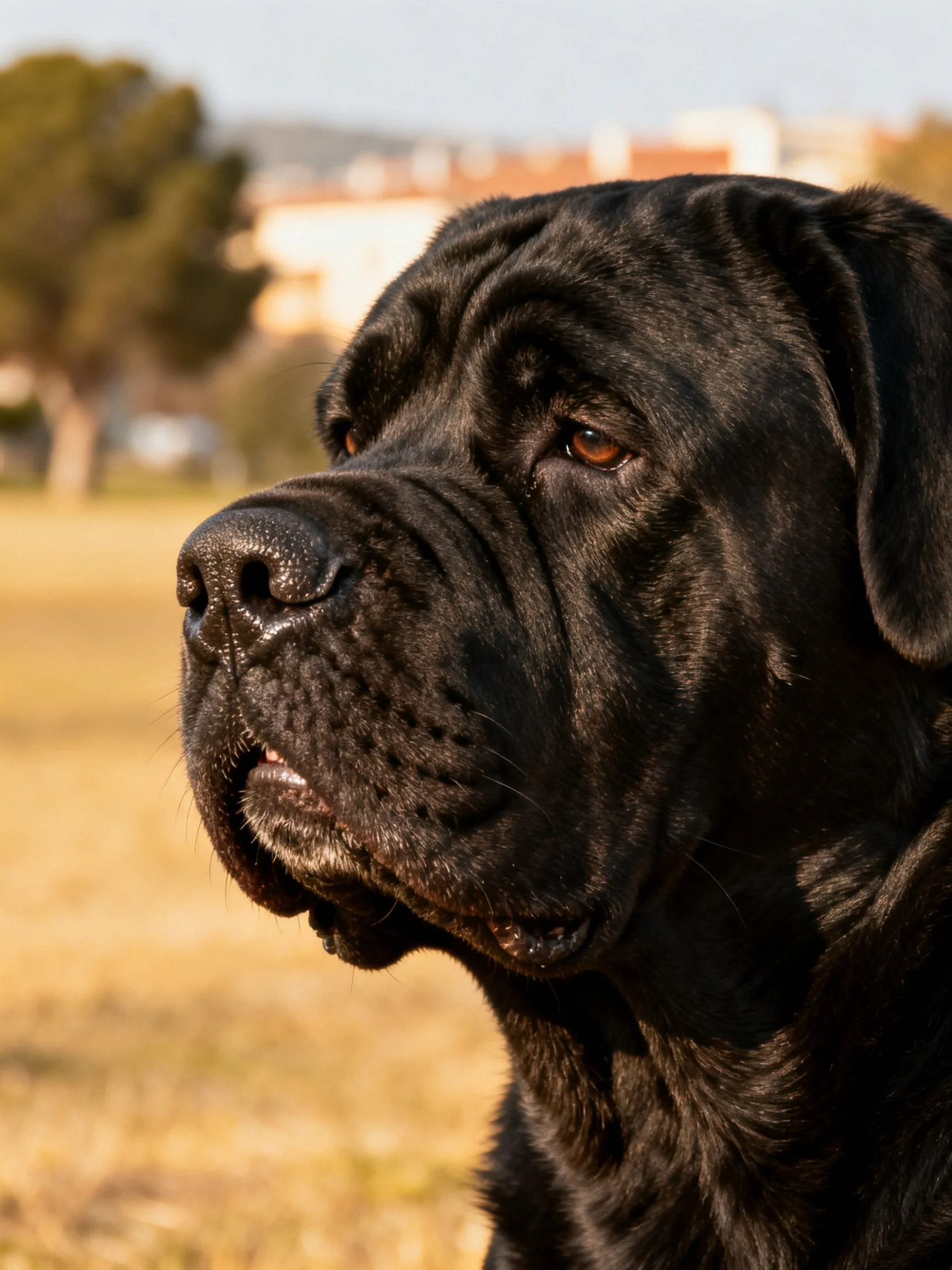 A large black Mastiff with prominent wrinkles outdoors