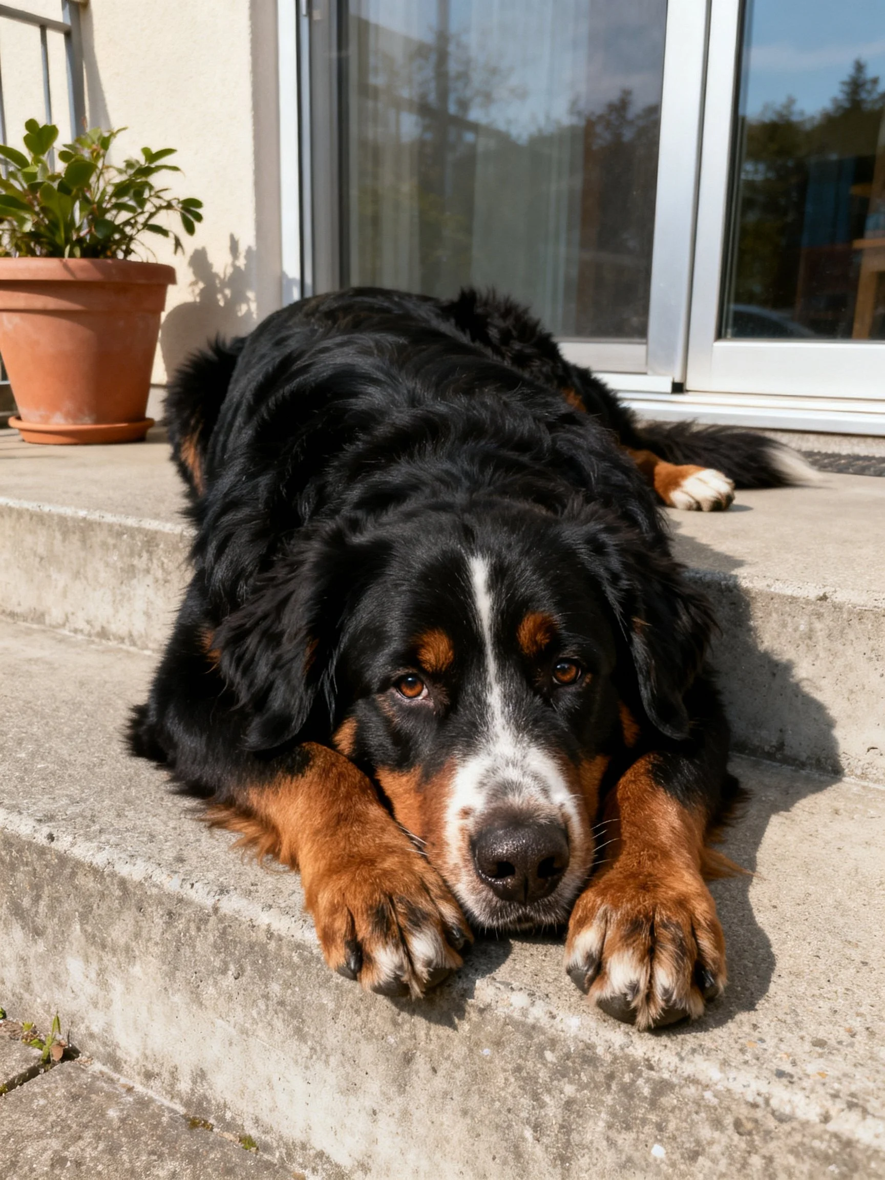 A large black and tan dog relaxes on outdoor concrete steps near a house.