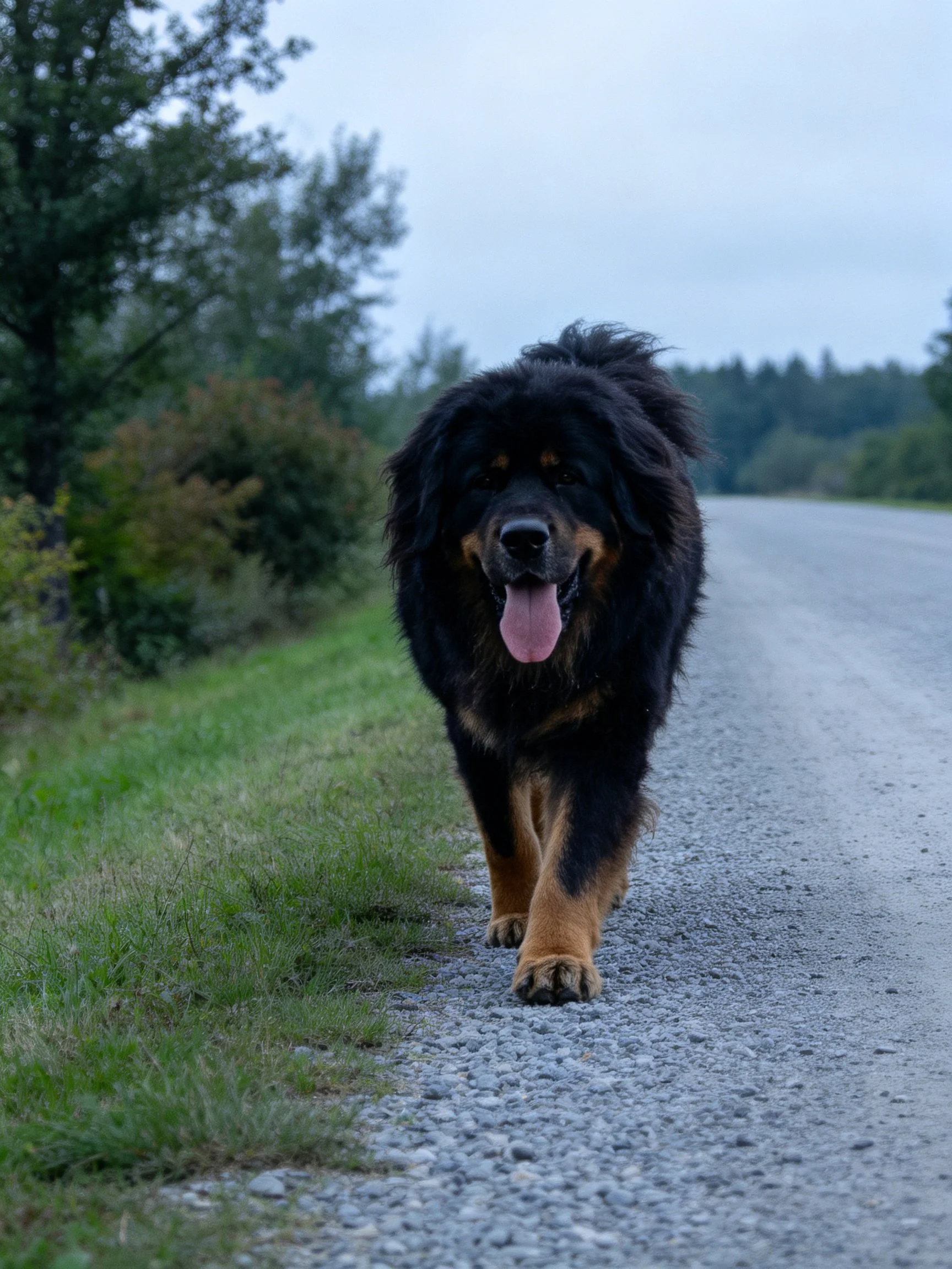 A large black and tan dog walks along a gravel path near greenery