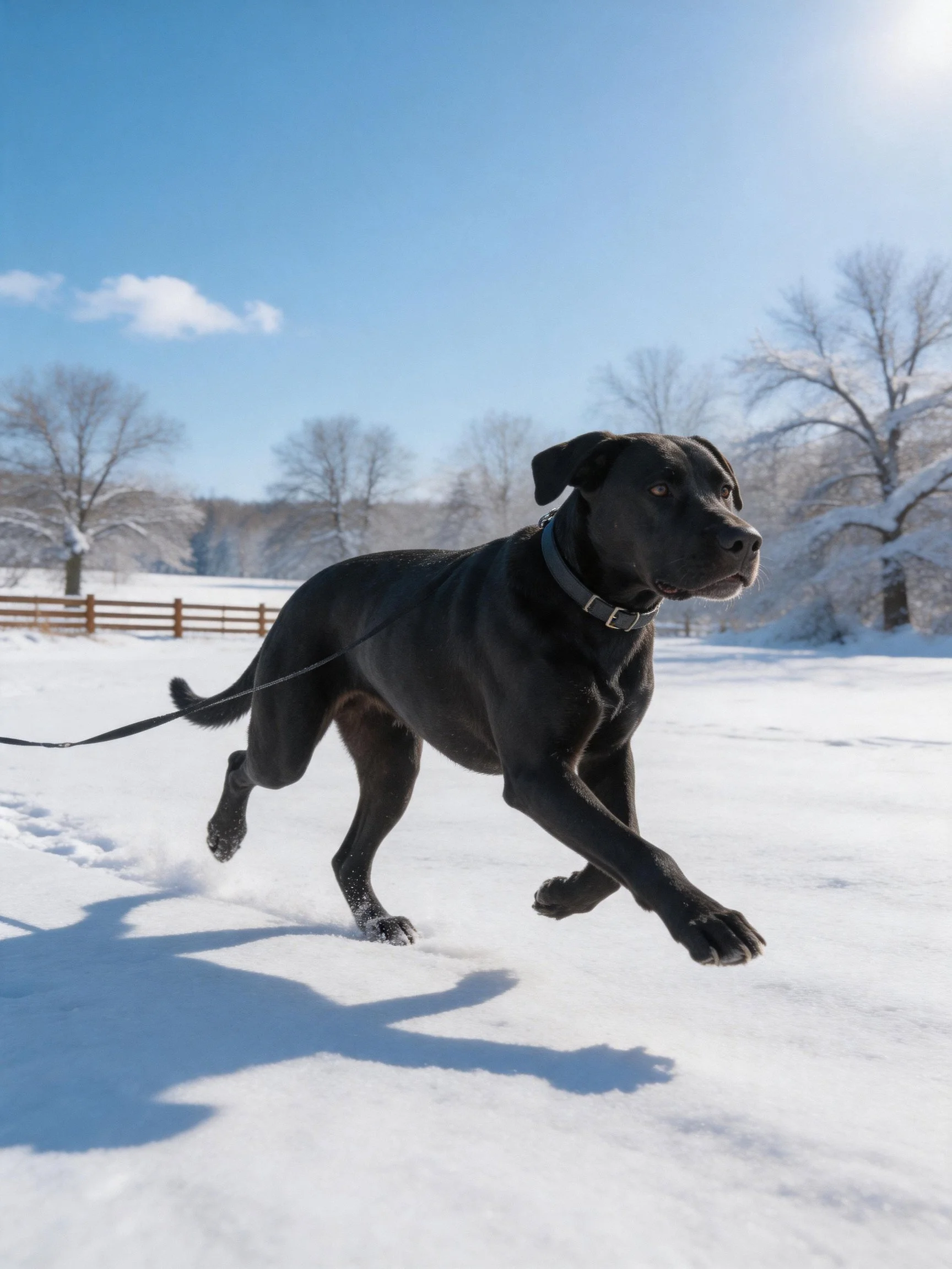 A large black dog bounds through a snowy field