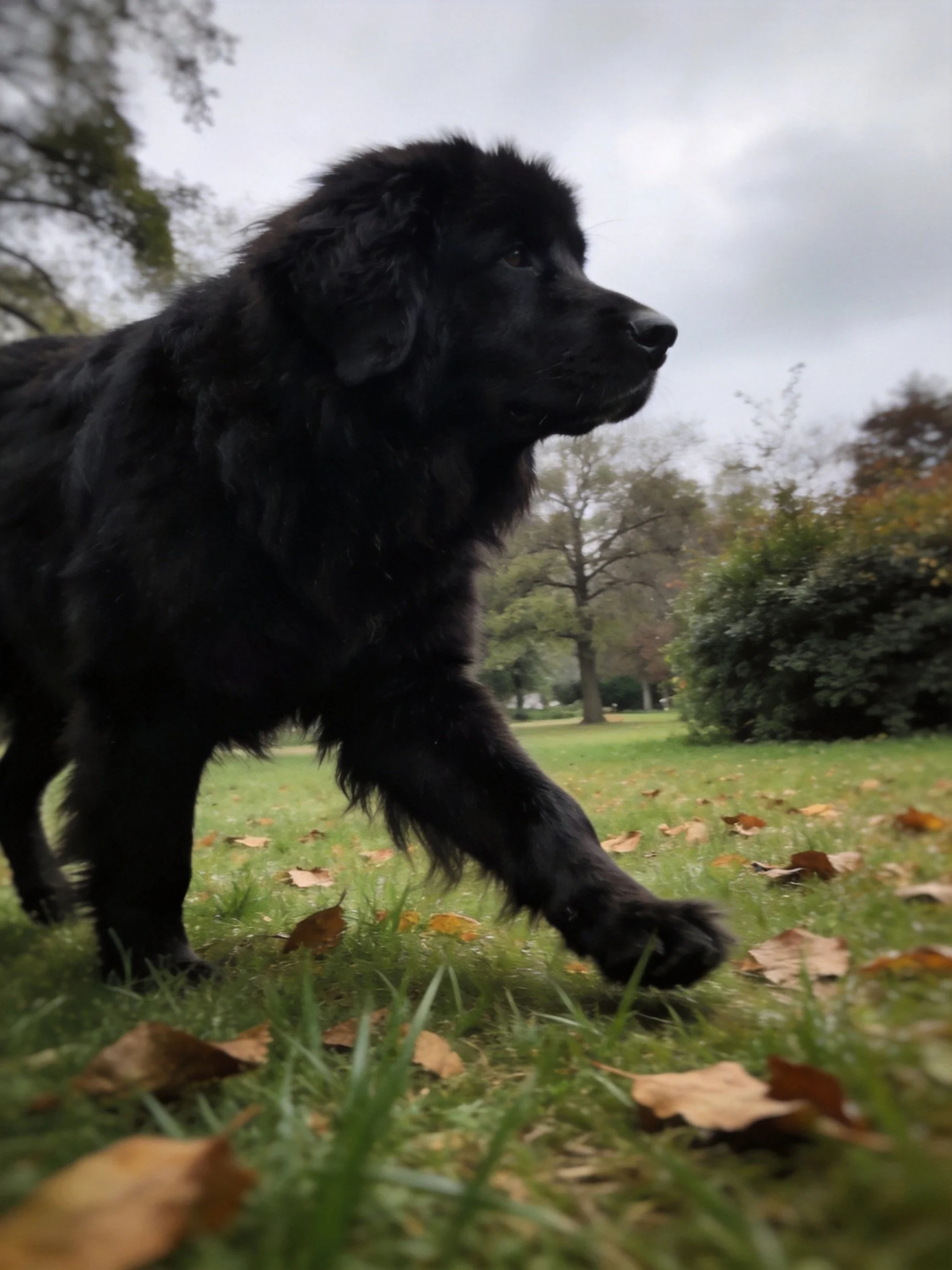 A large black dog explores a leaf-dotted grassy park area