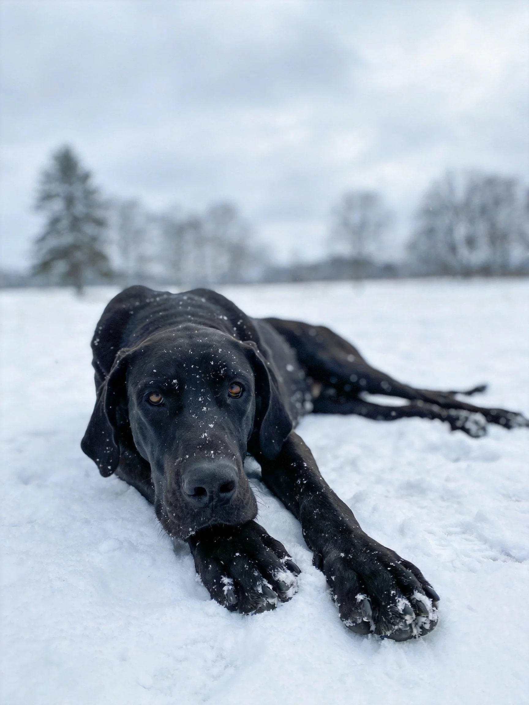 A large black dog resting in a snowy open field