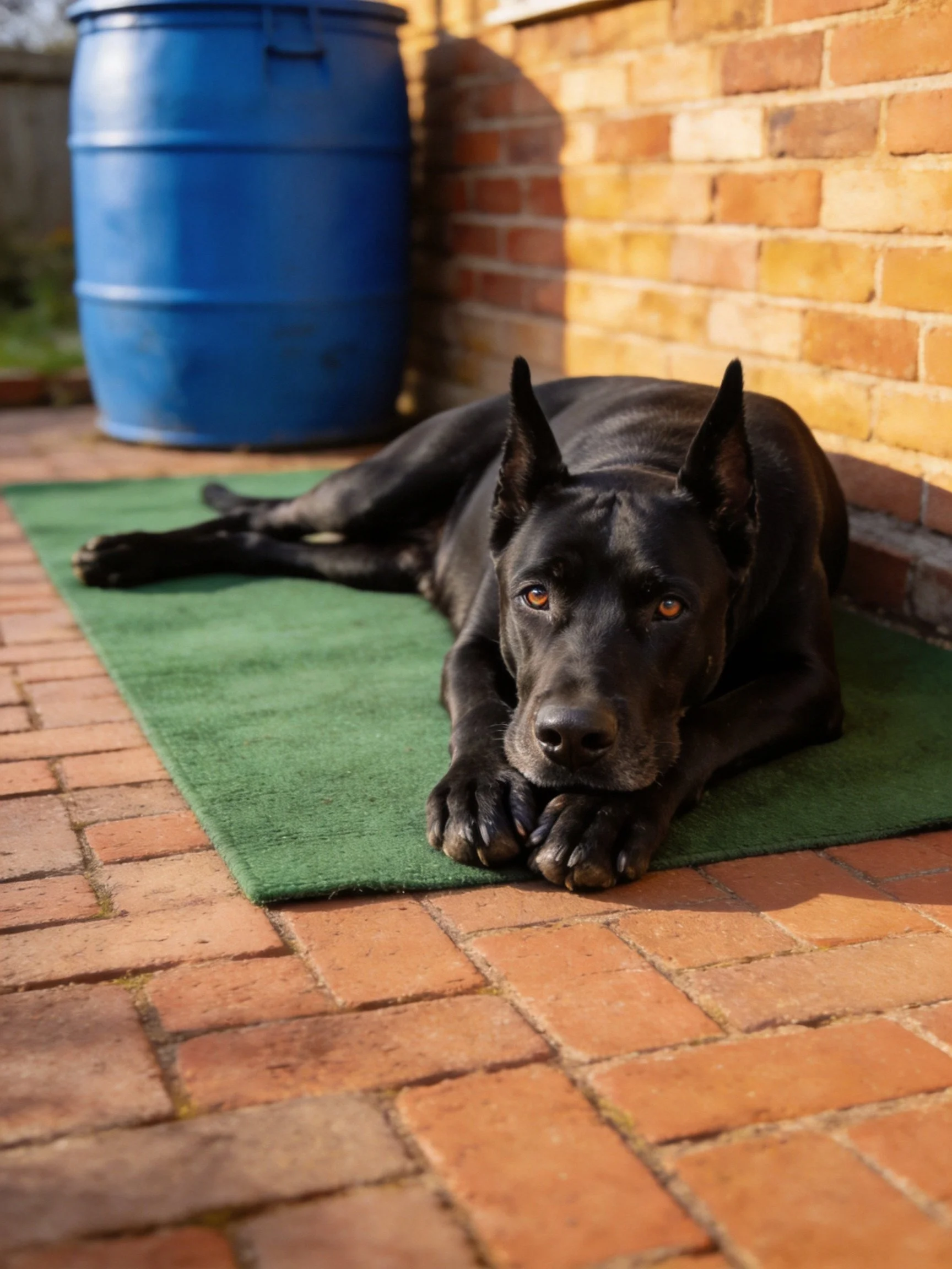 A large black dog lies on a green mat next to a brick wall and blue barrel