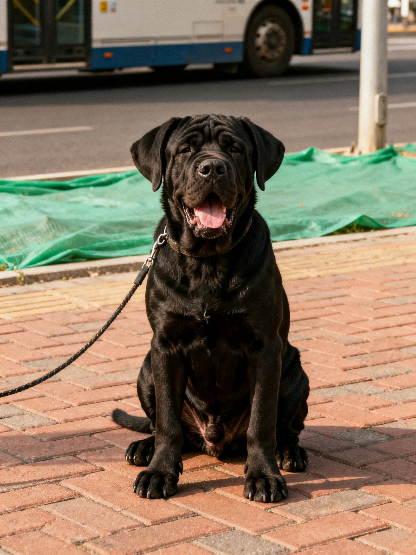 A large black dog sits on a brick sidewalk near a city bus