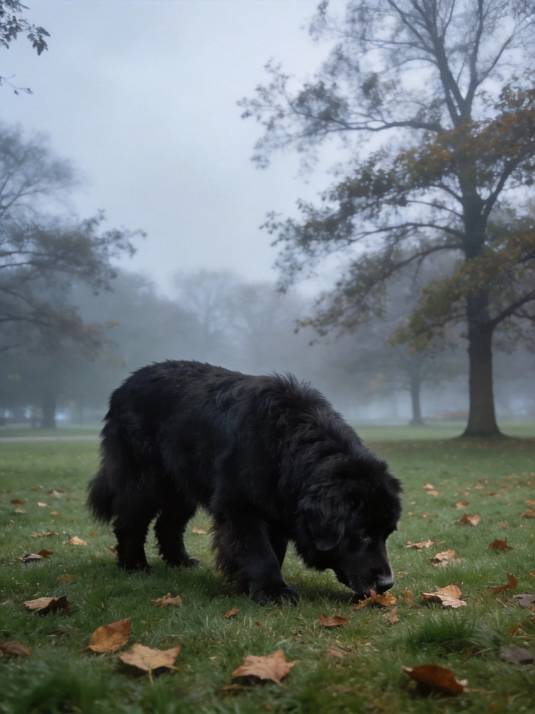 A large black dog sniffs leaves in a misty autumn park