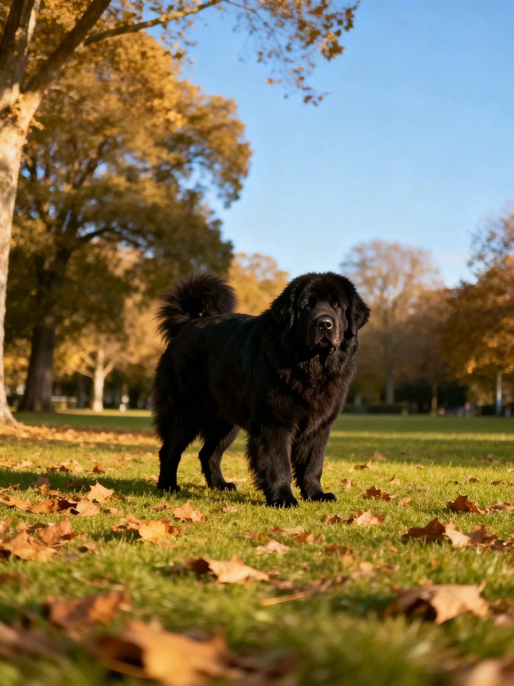 A large black dog standing on an autumn park lawn
