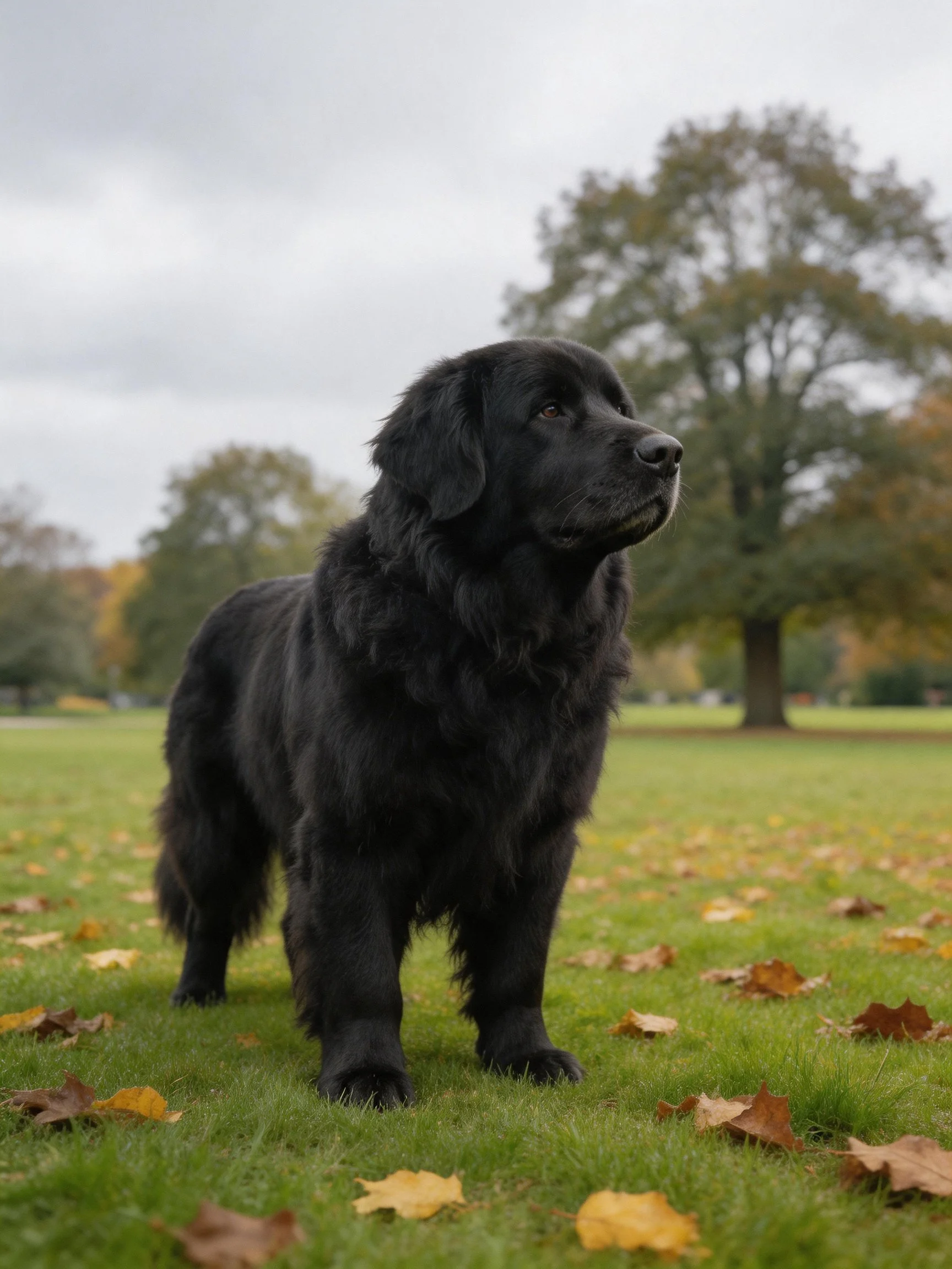 A large black dog stands only on a leaf-littered grassy field with trees in the background.