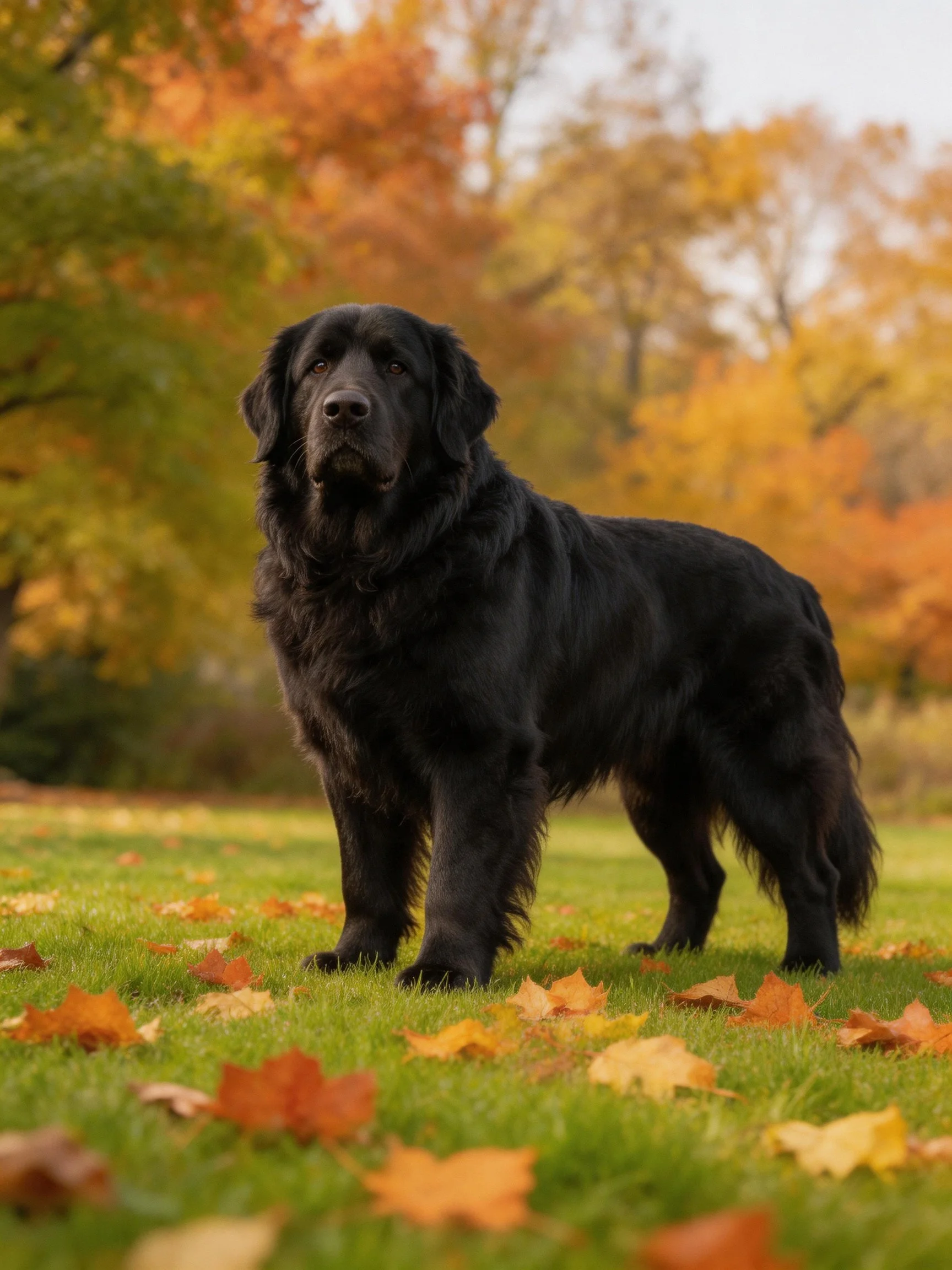 A large black dog stands on a leaf-strewn lawn amid autumn-colored trees