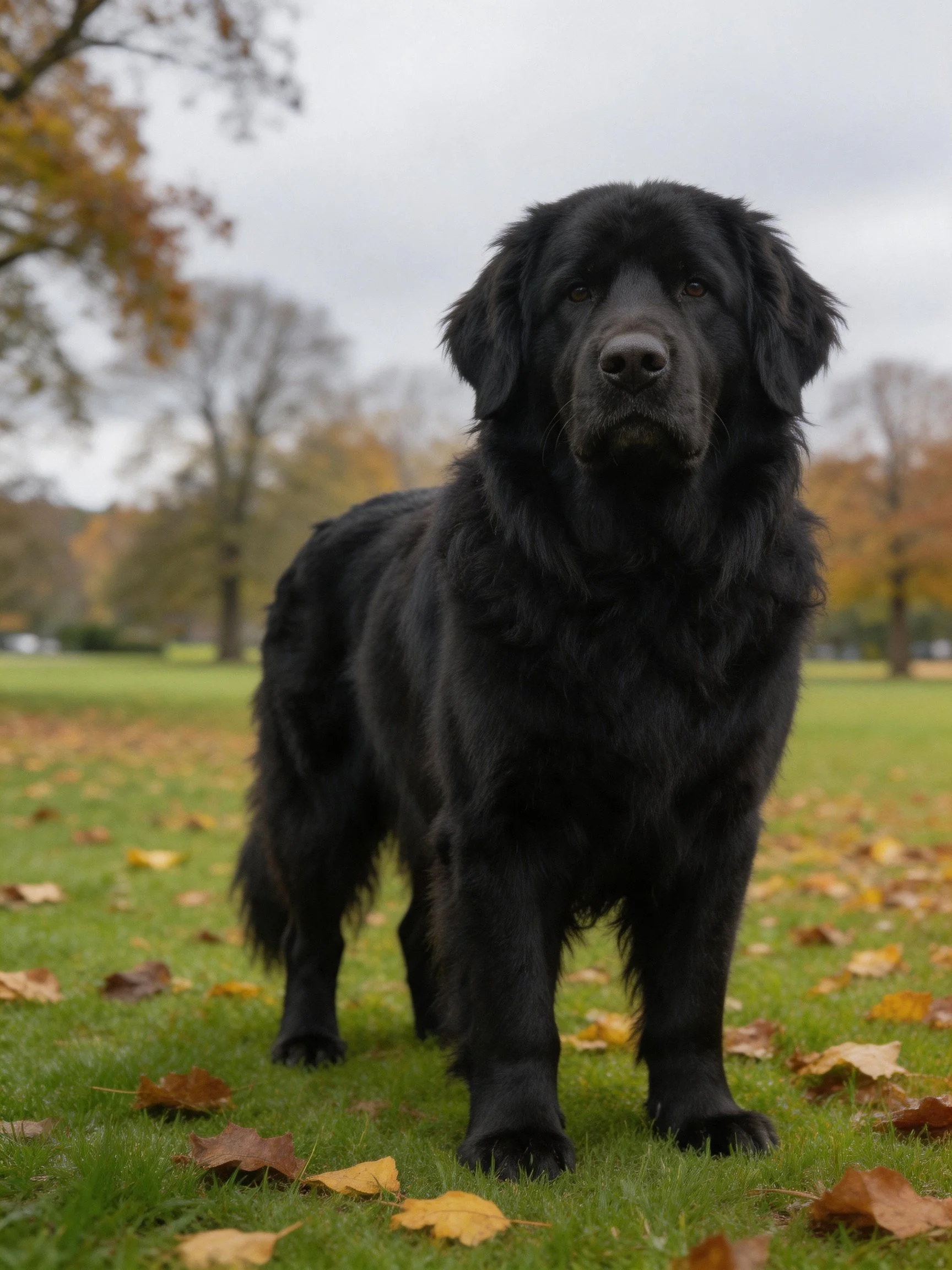 A large black dog stands on grass amidst autumn scenery