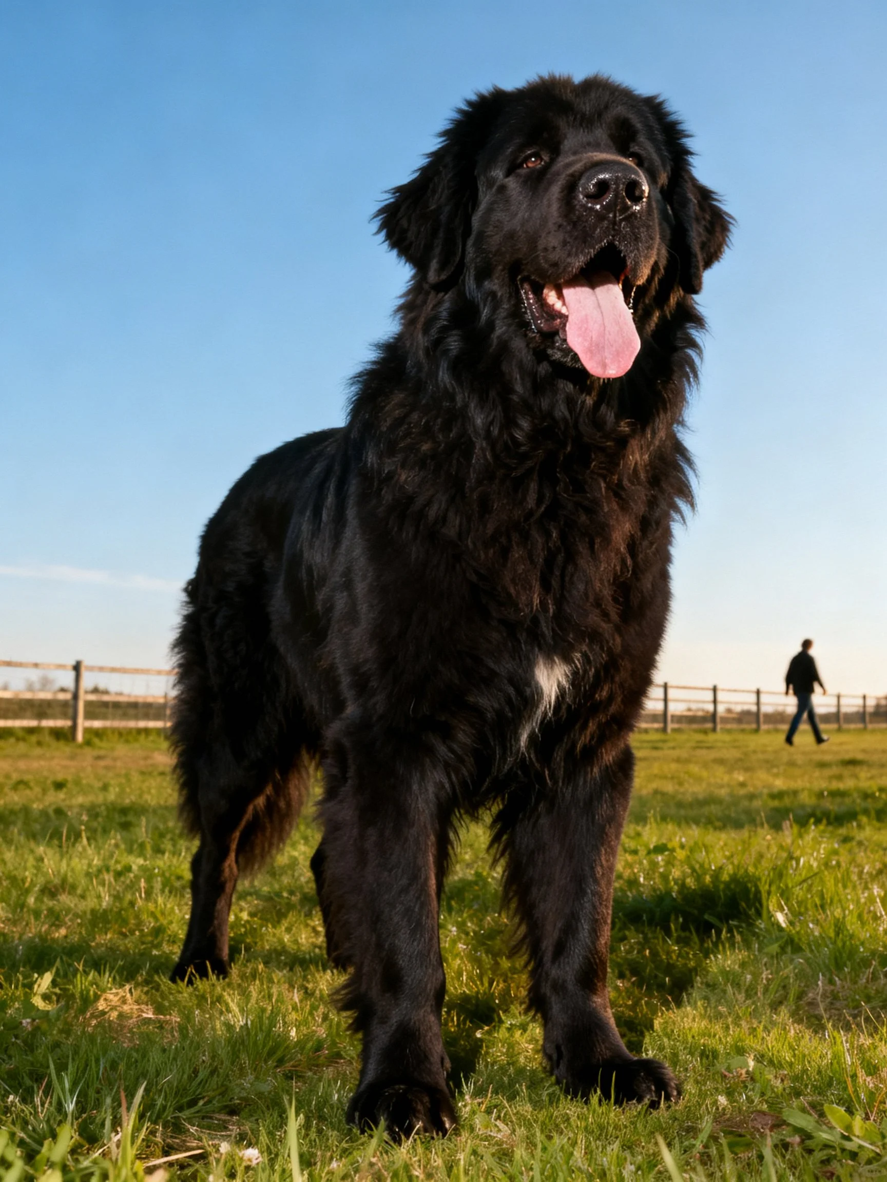 A large black dog stands on grass with a person near a fence in the distance