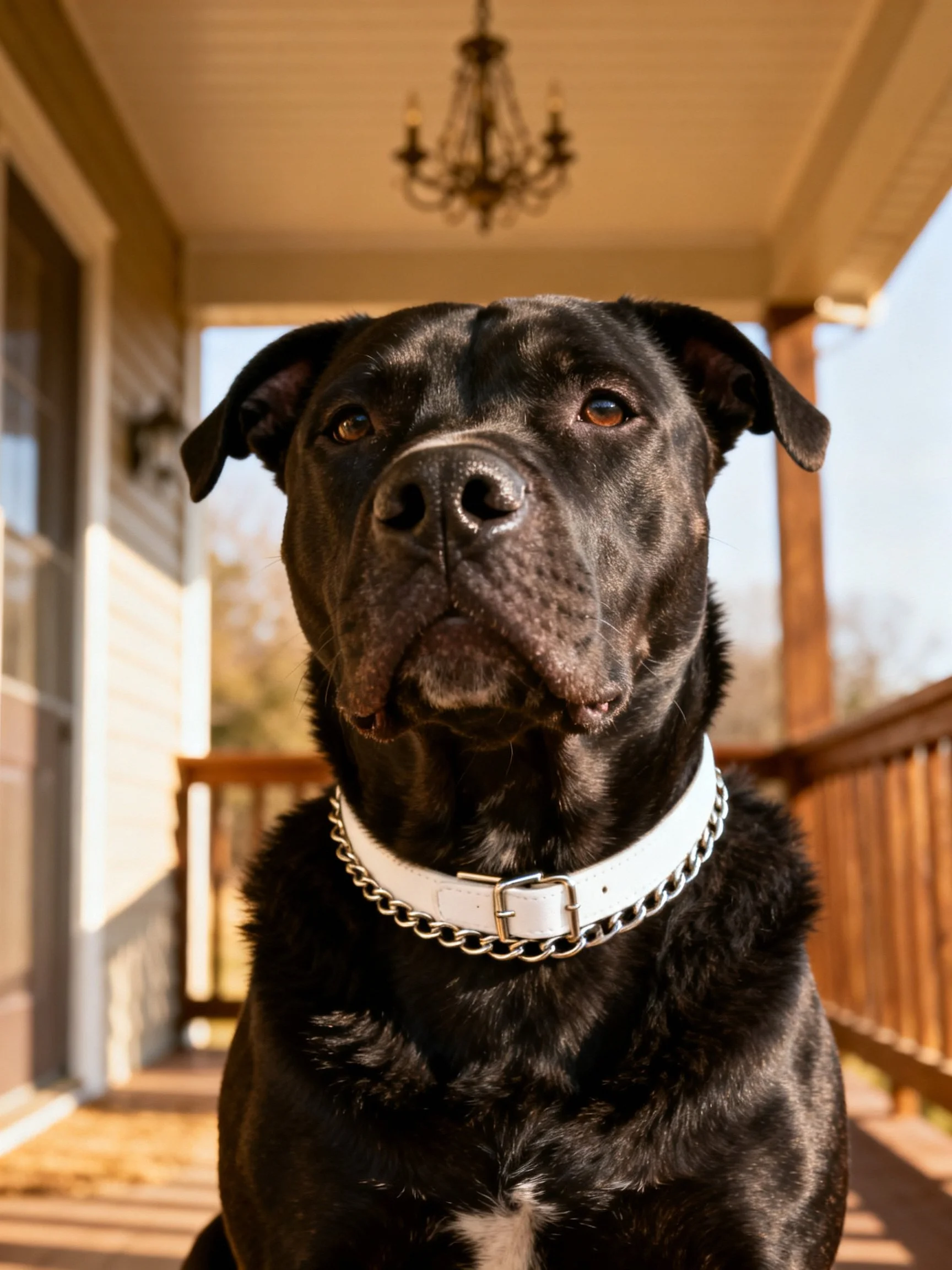 A large black dog with a white chain collar sitson a wooden porch.
