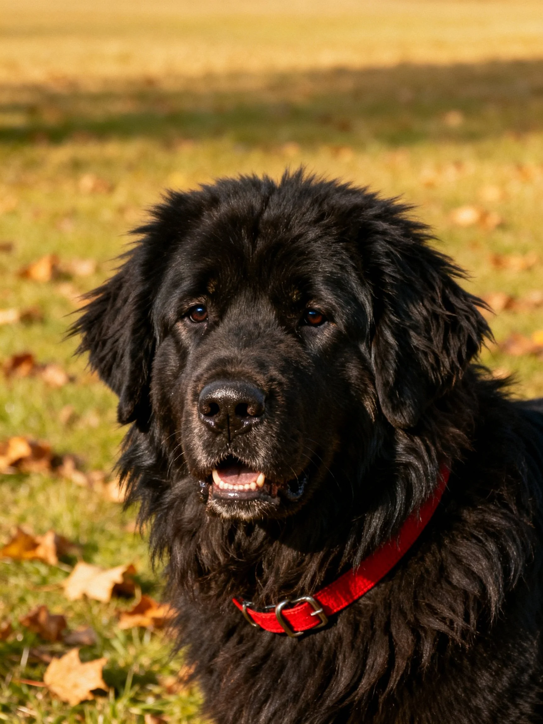 A large black dog with a red collar stands on grass with fallen leaves.