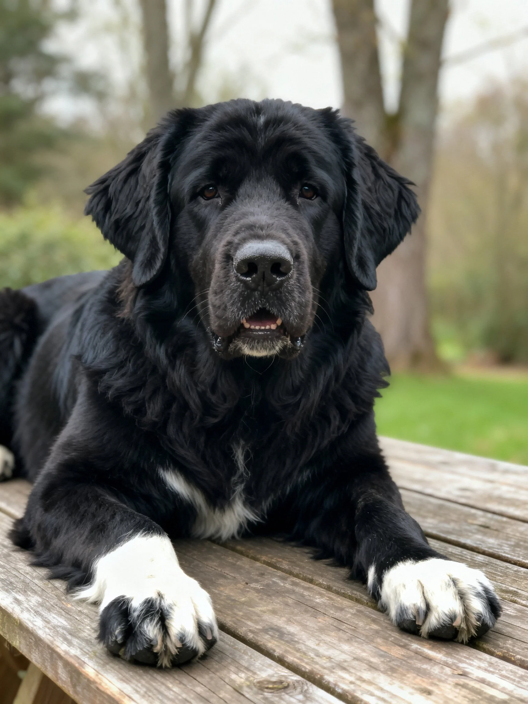 A large black dog with white paws resting on a weathered wooden bench