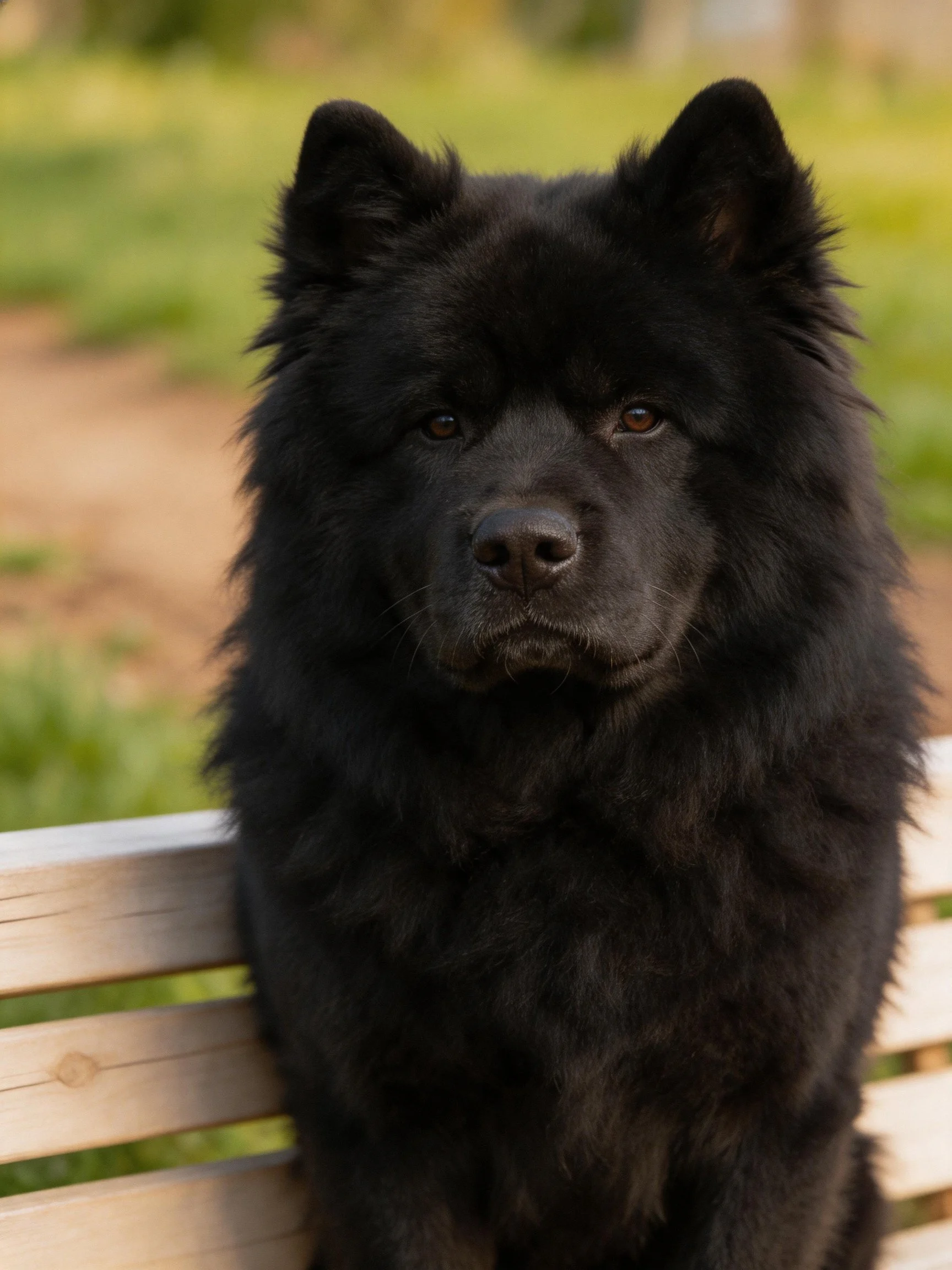 A large black fluffy dog sits calmly on a wooden bench outdoors.