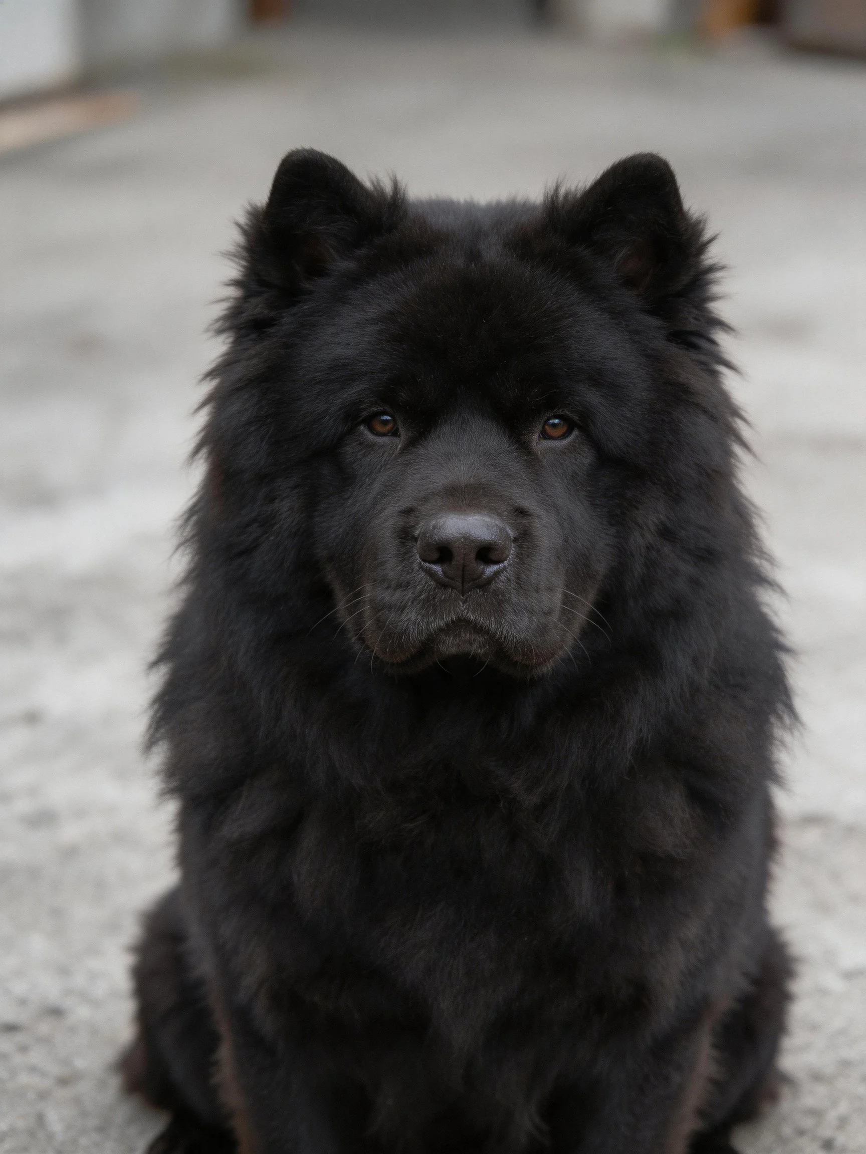 A large black fluffy dog sits calmly on a concrete surface.