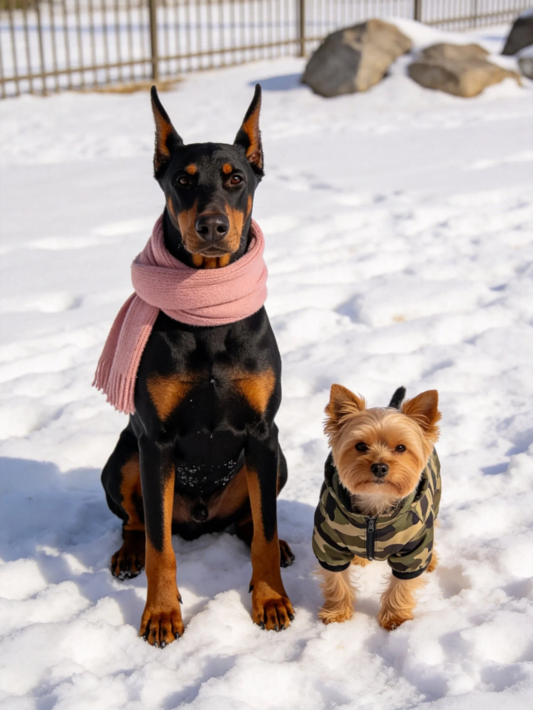A large black-tan Doberman and small tan Yorkie sit in snow with scarves