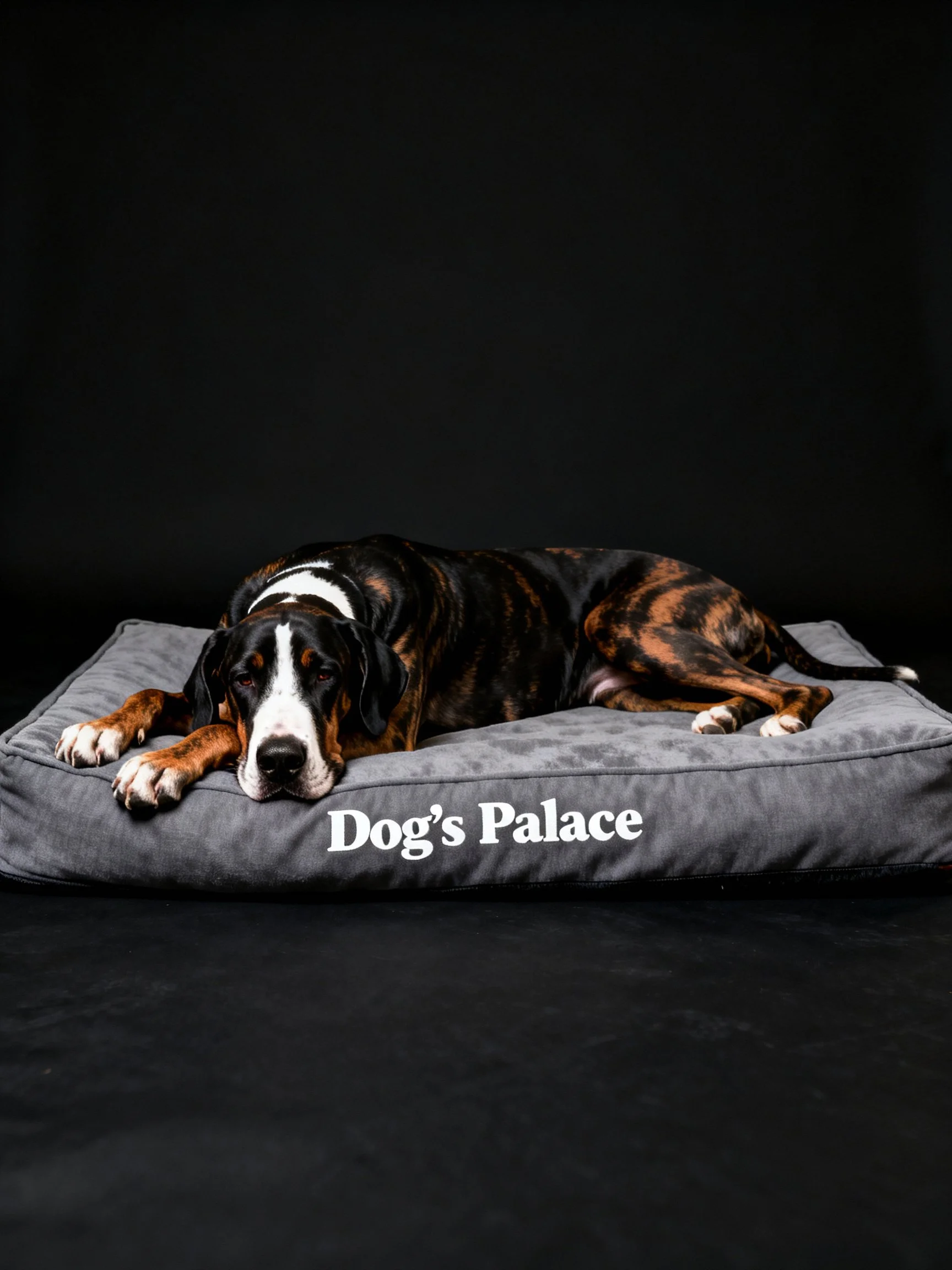 A large brindle - coated dog rests on a gray Dogs Palace pet bed