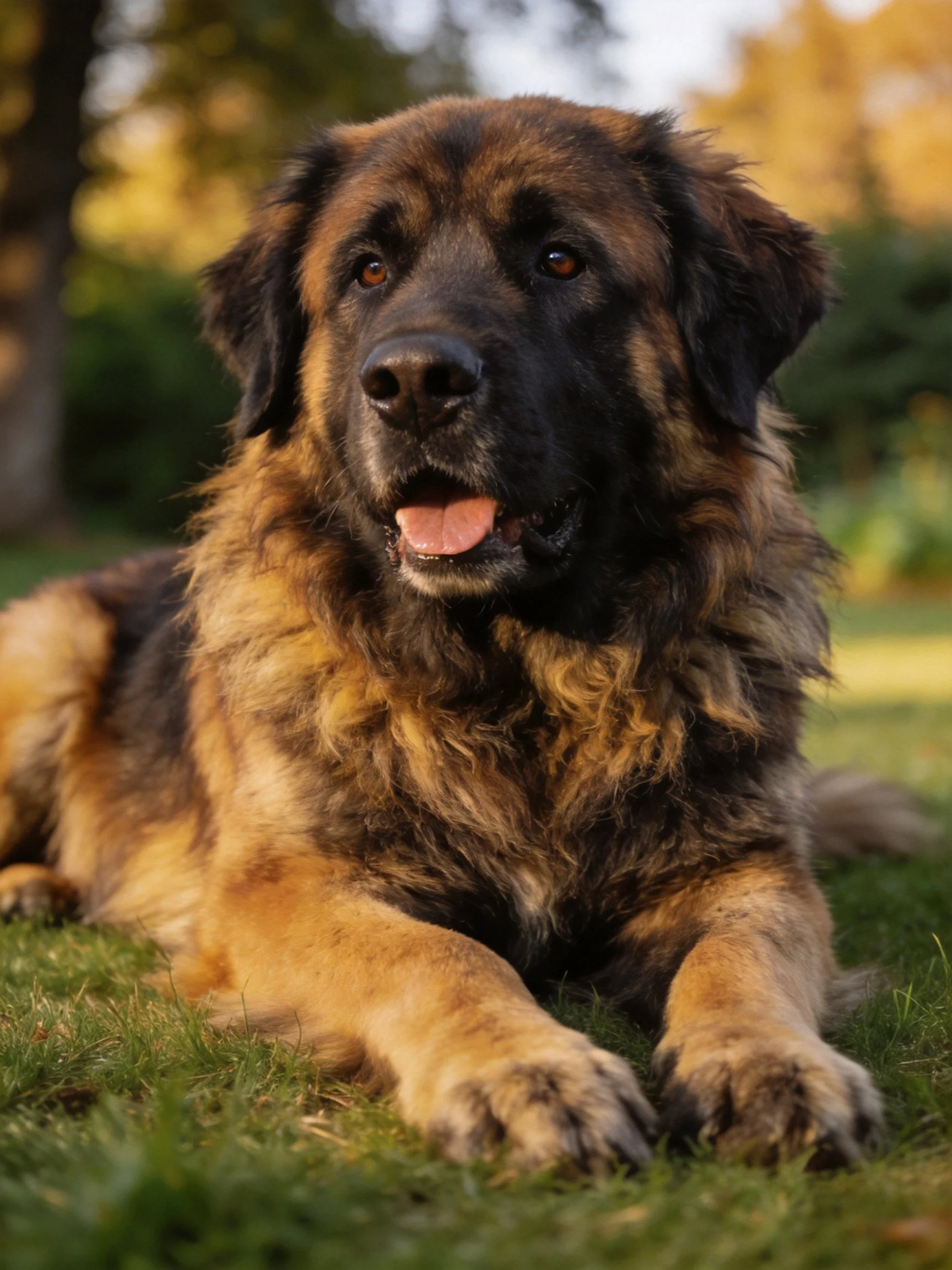 A large brown and black dog relaxes on green grass in a sunlit outdoor setting.