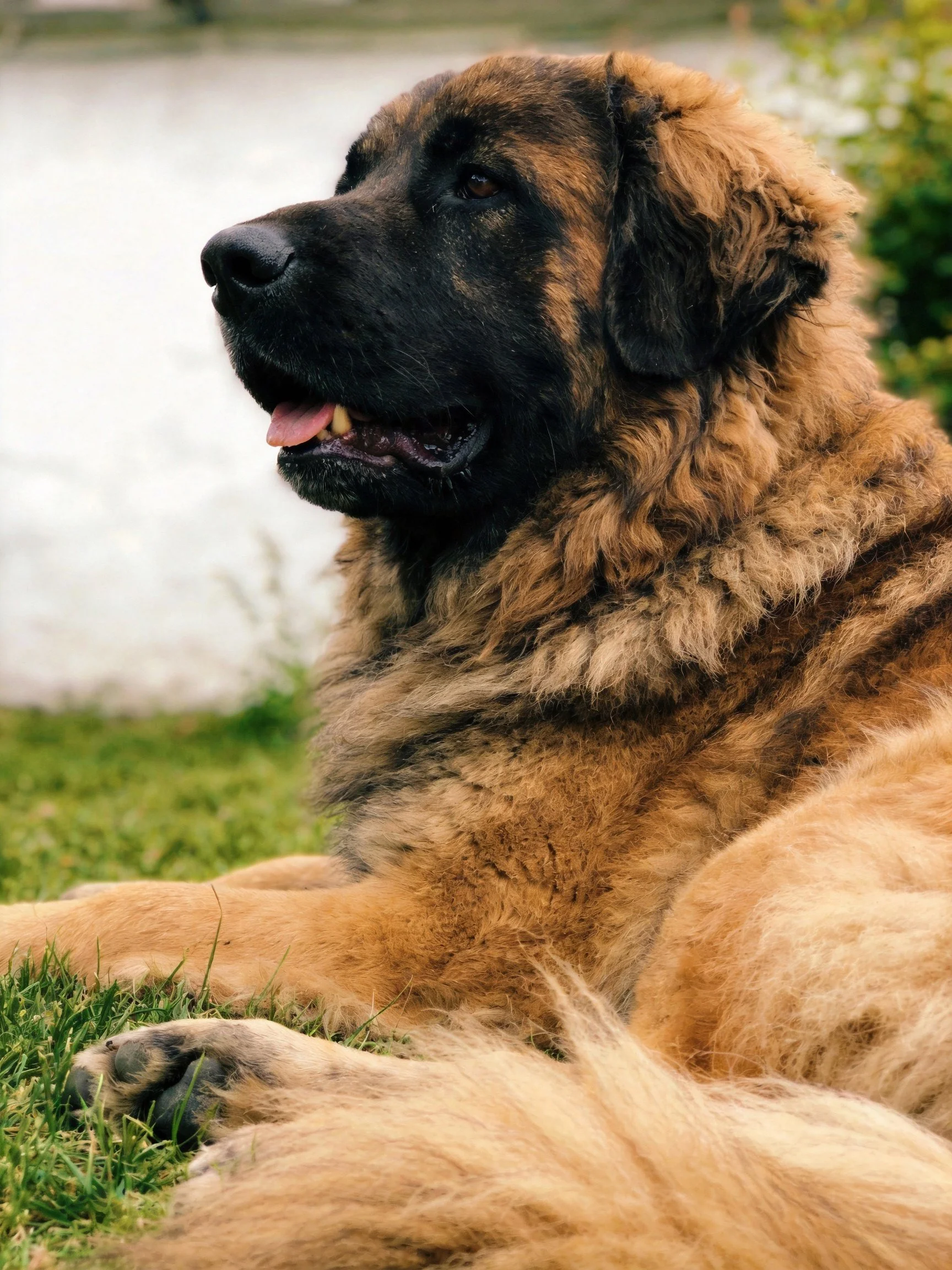 A large brown and black dog relaxes on grass beside water.