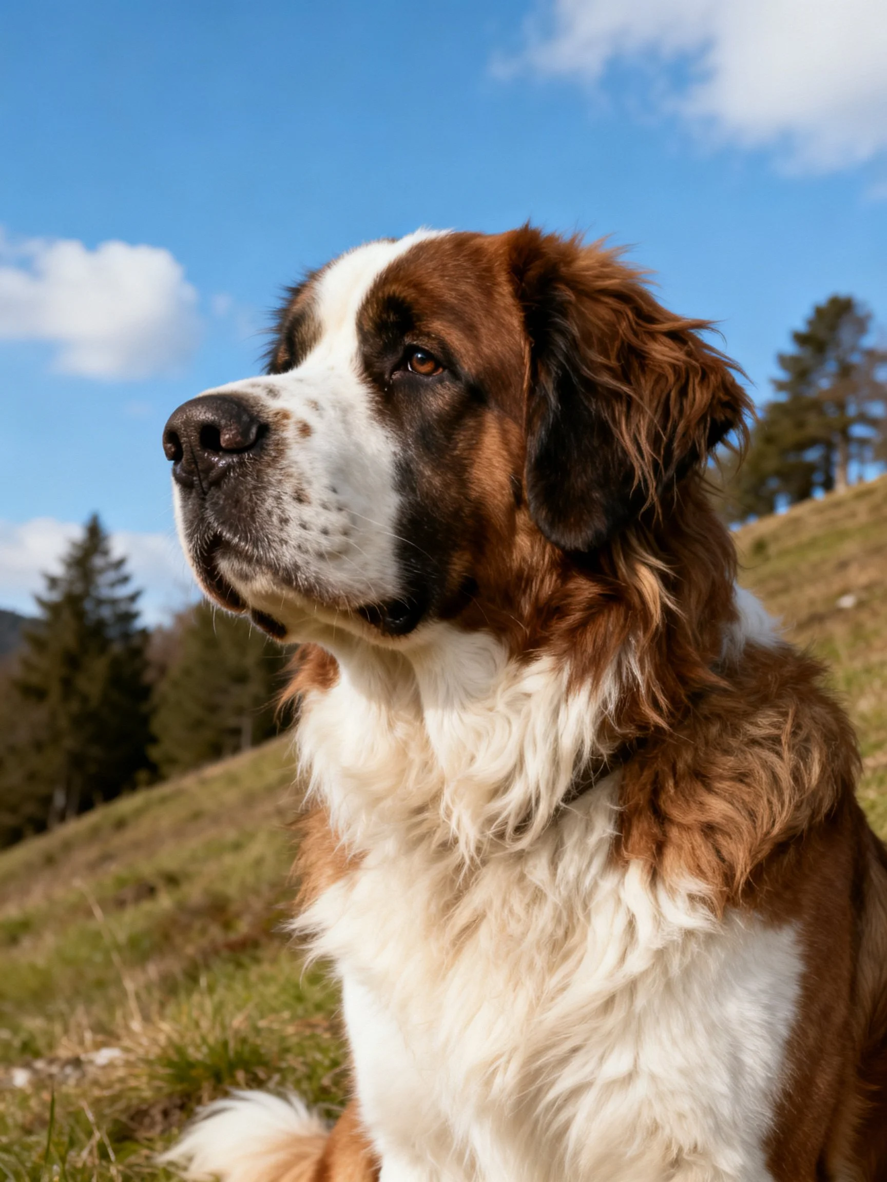A large brown and white Saint Bernard dog in an open field
