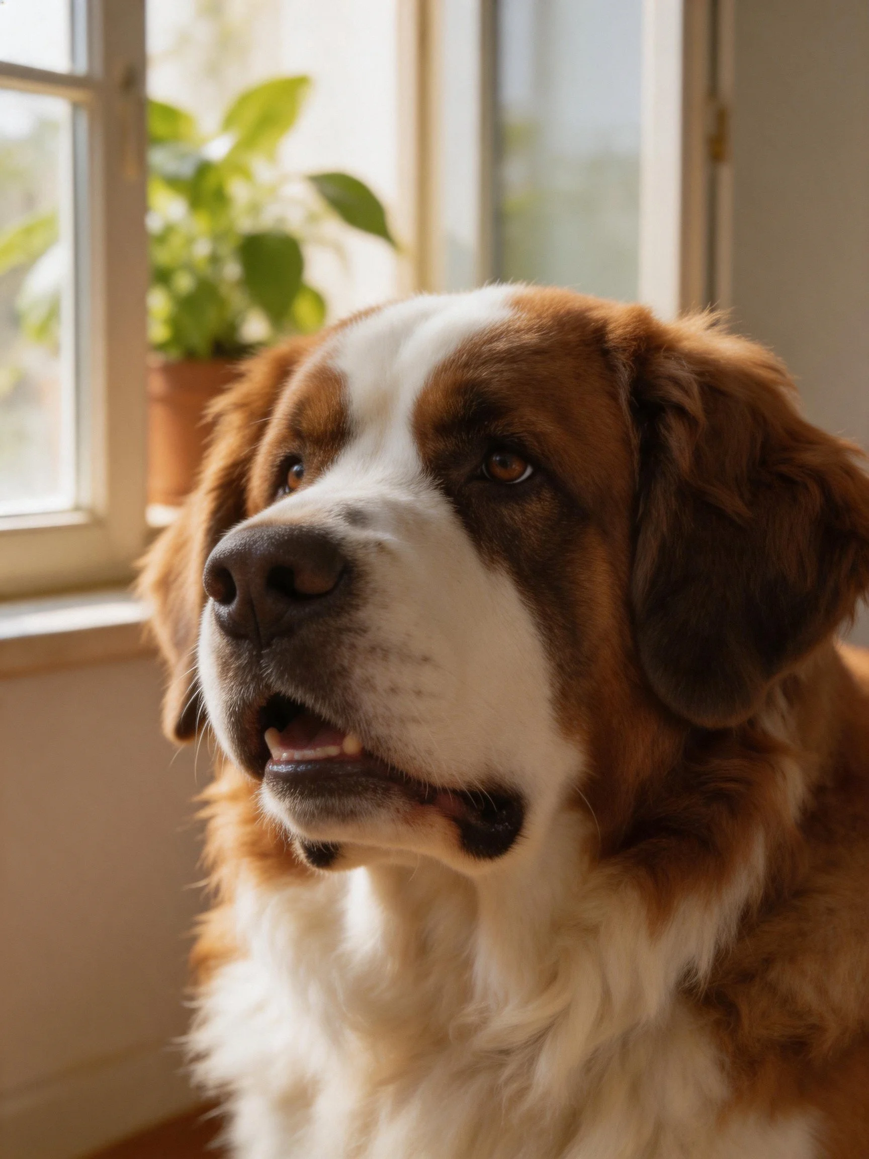 A large brown and white Saint Bernard near a sunlit window with a potted plant