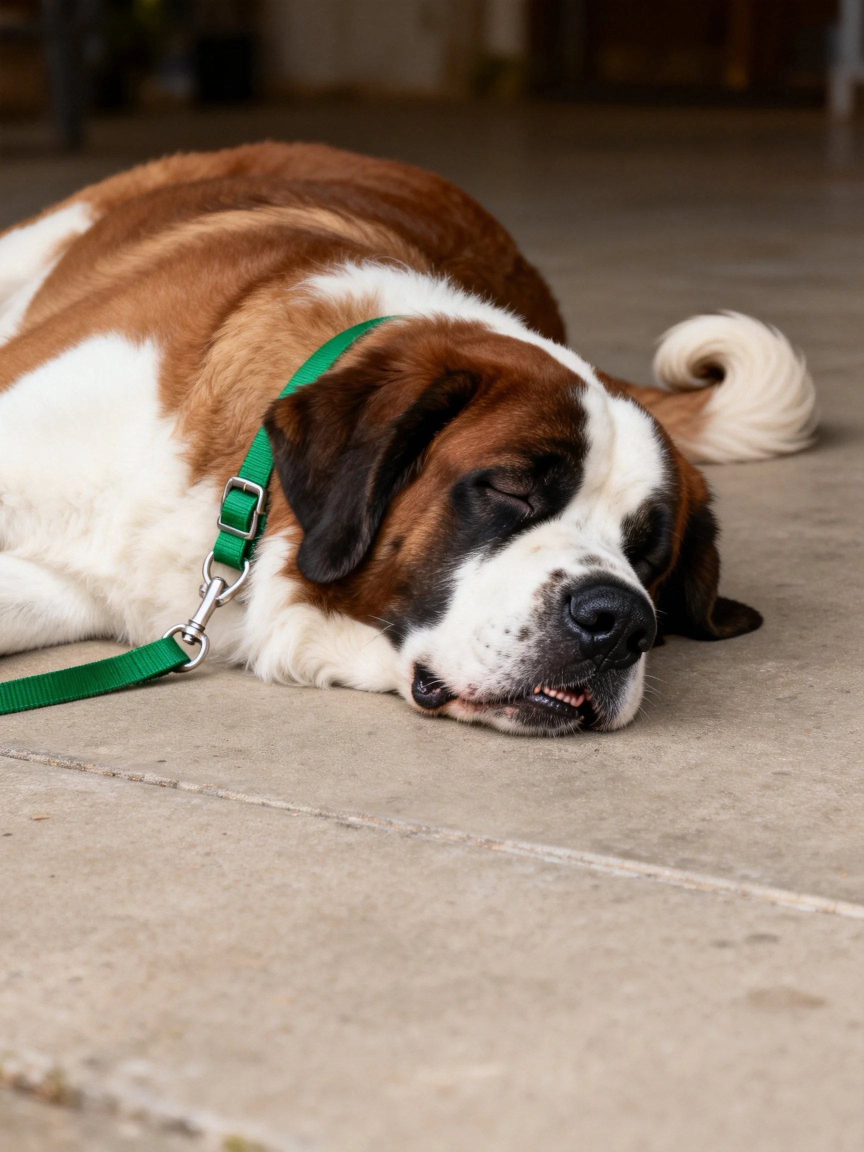 A large brown and white Saint Bernard rests on concrete with a green harness