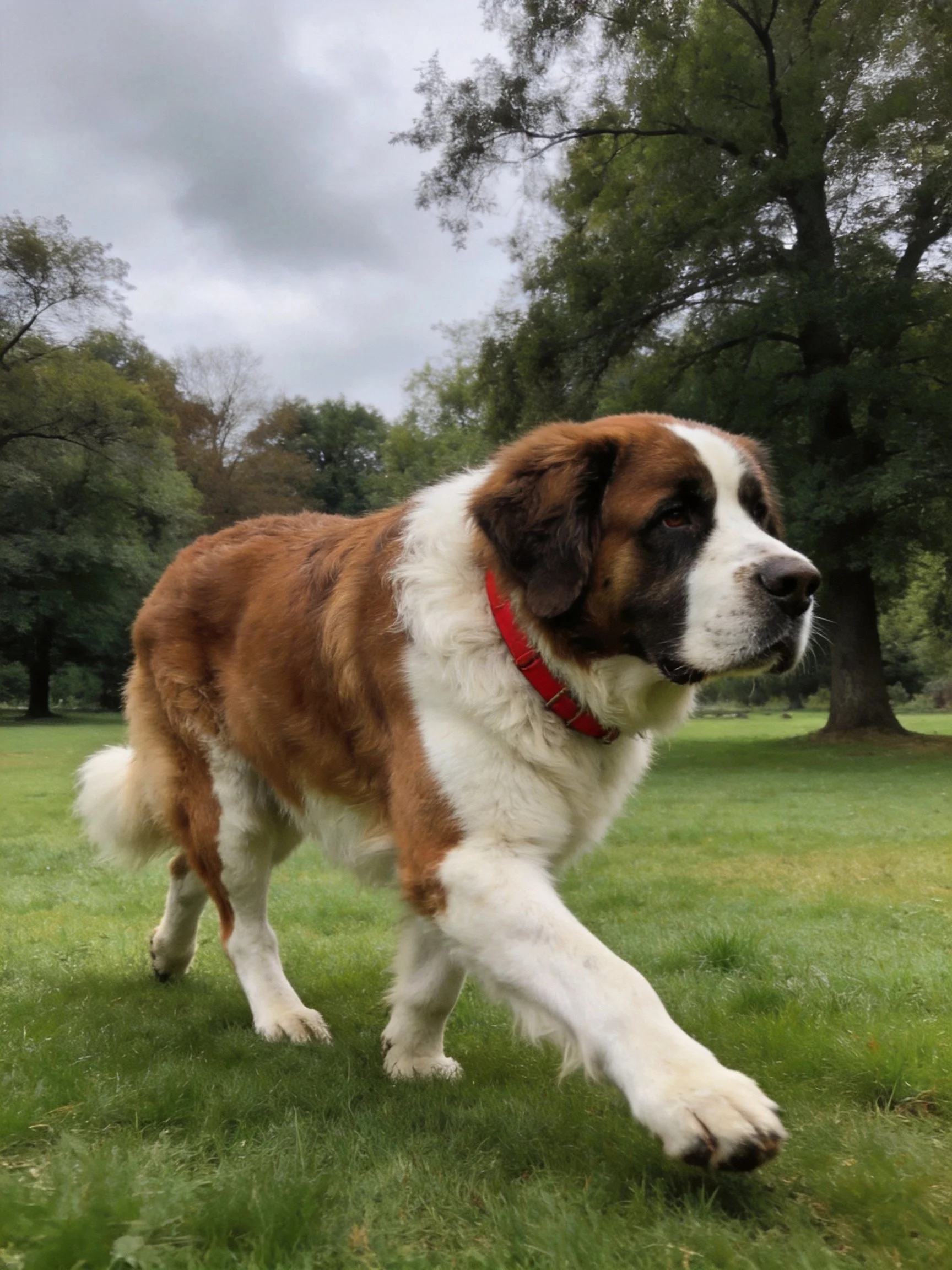 A large brown and white Saint Bernard walks through a green park