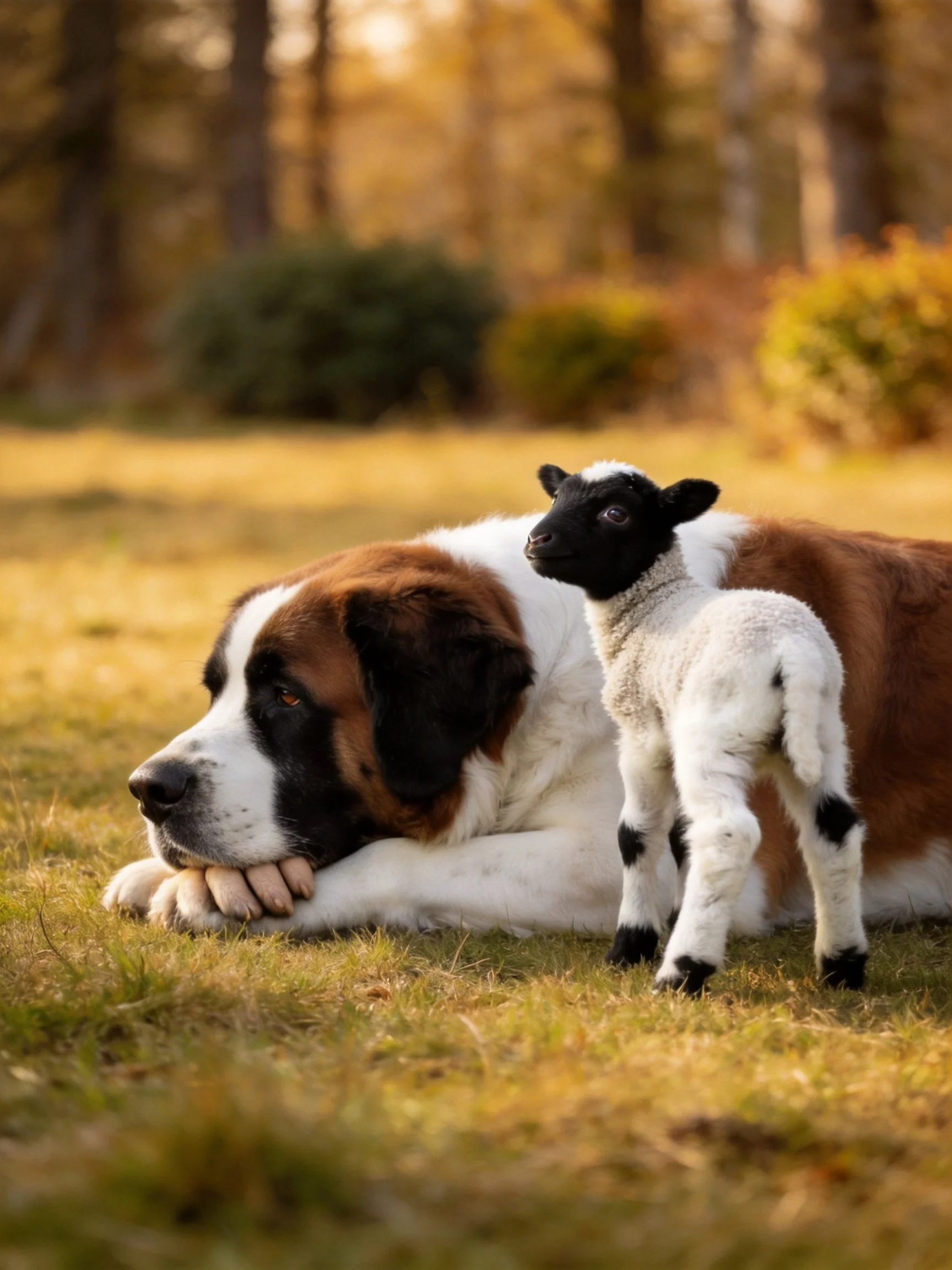 A large brown-and-white dog lies next to a small black-and-white lamb outdoors