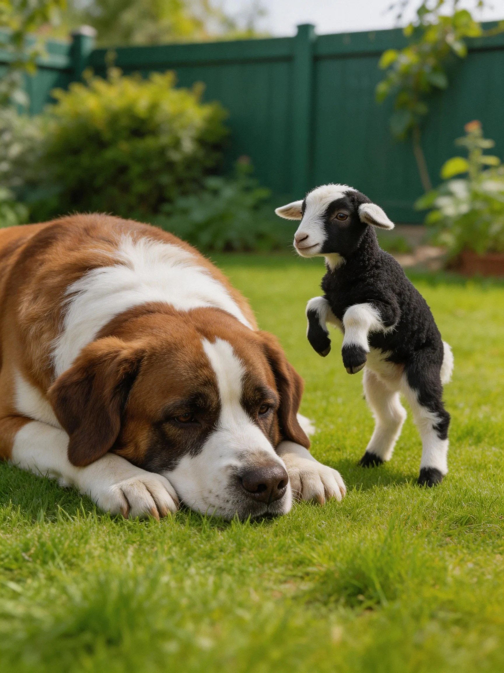 A large dog relaxes on grass beside a small lamb in an enclosed yard.