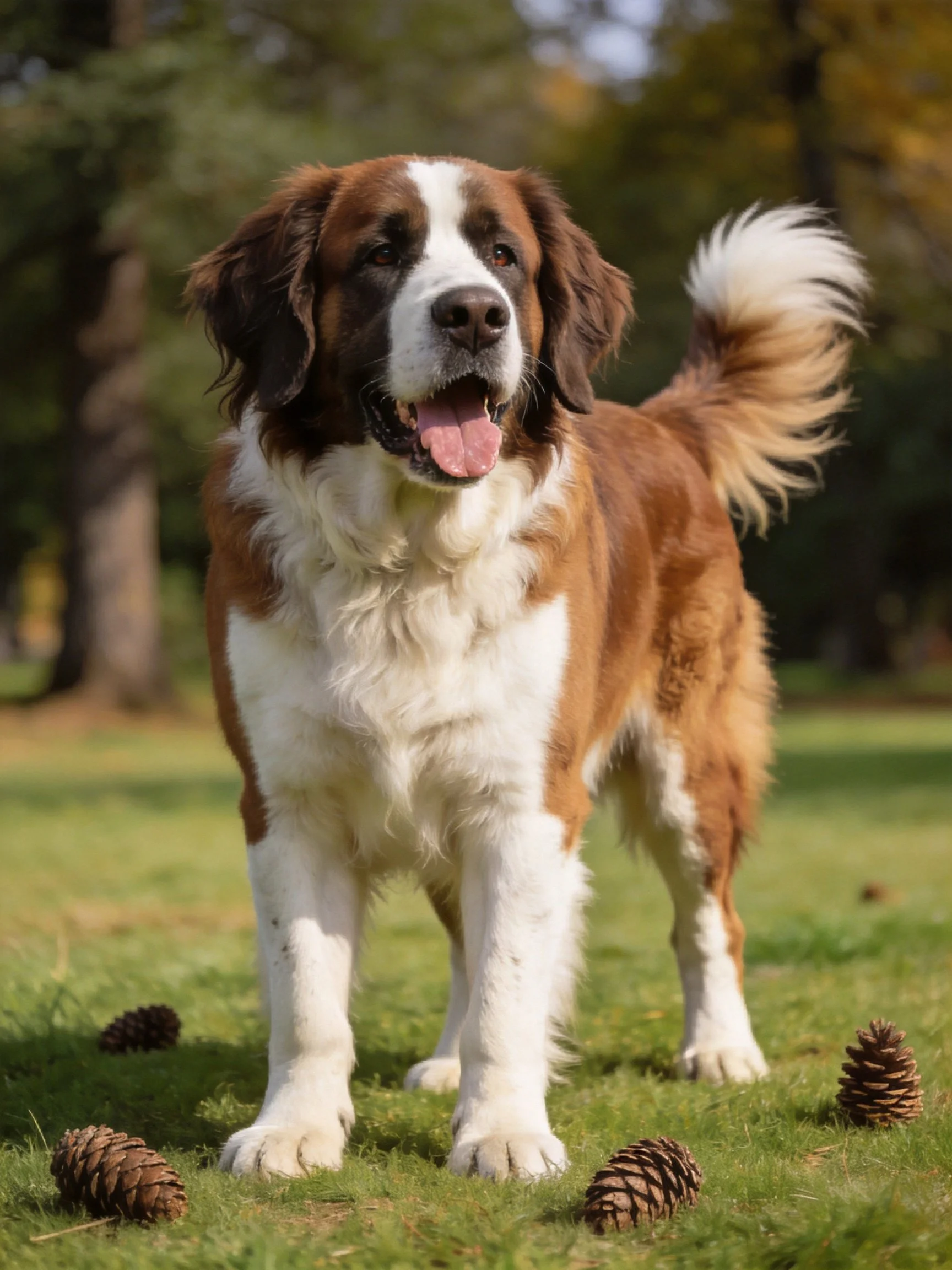A cheerful brown and white dog stands near pinecones in a sunny outdoor setting.