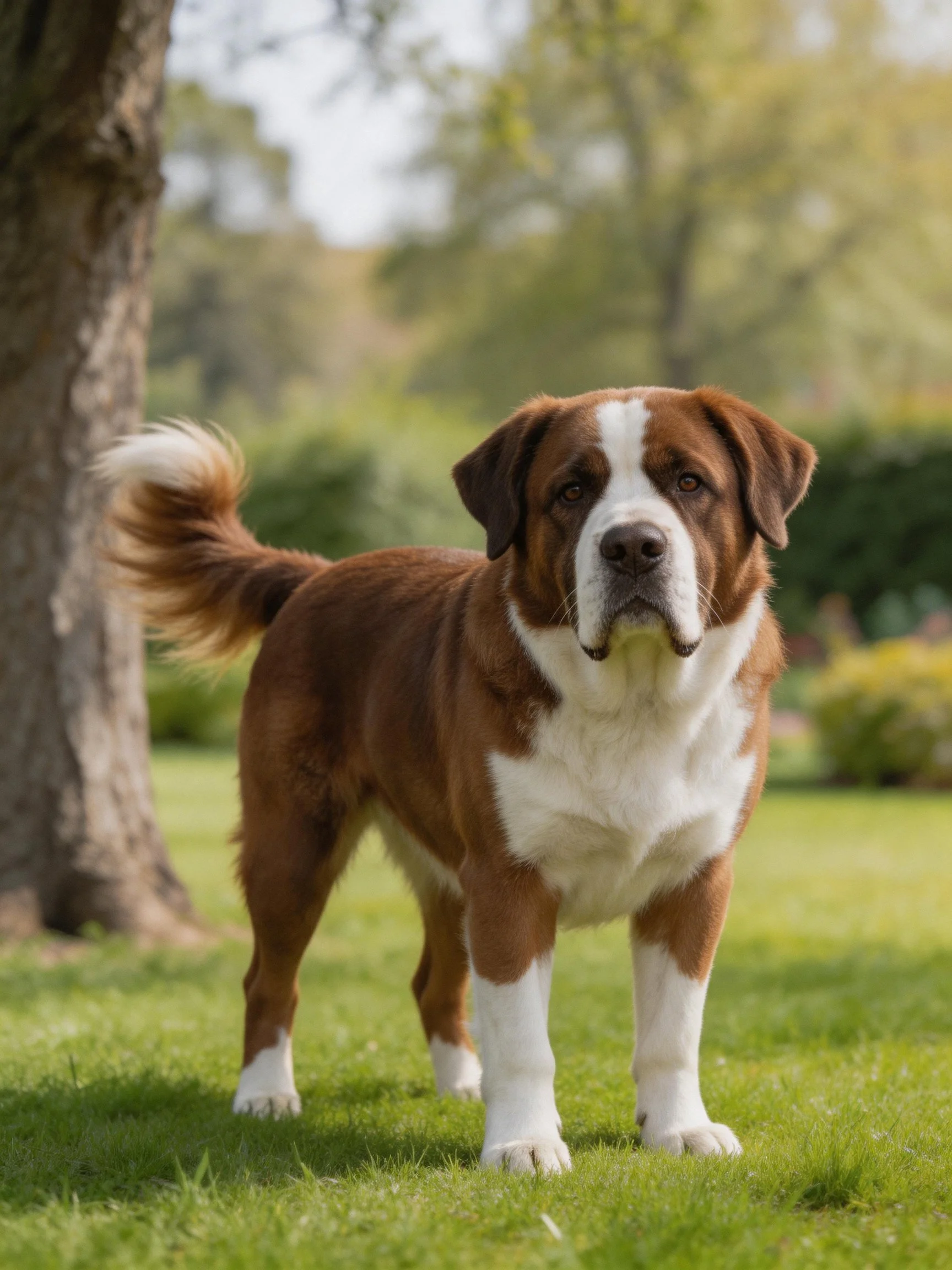 A large brown and white dog stands on grass near a tree in an outdoor setting