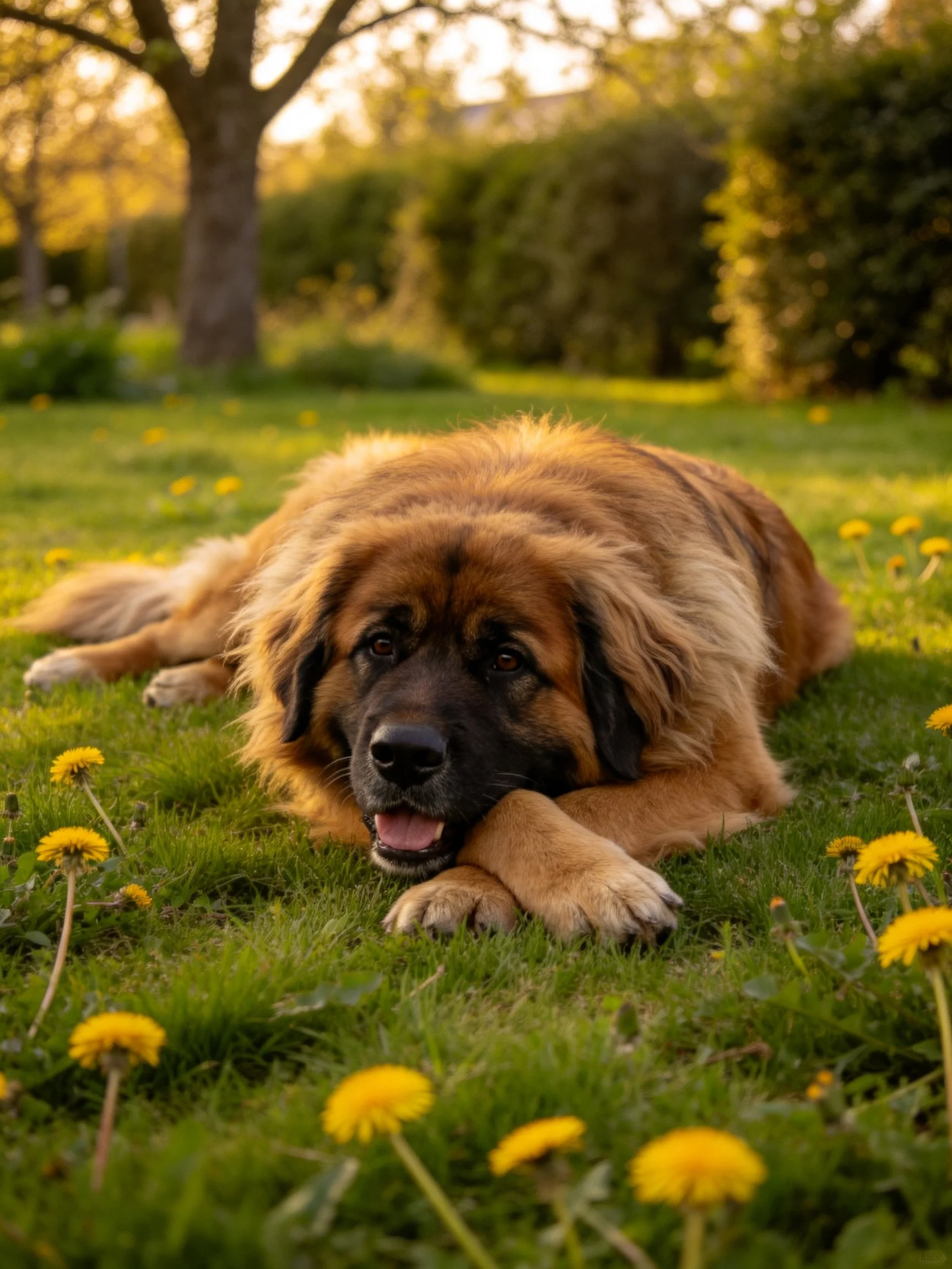 A large brown dog relaxes on a grassy area dotted with yellow dandelions.