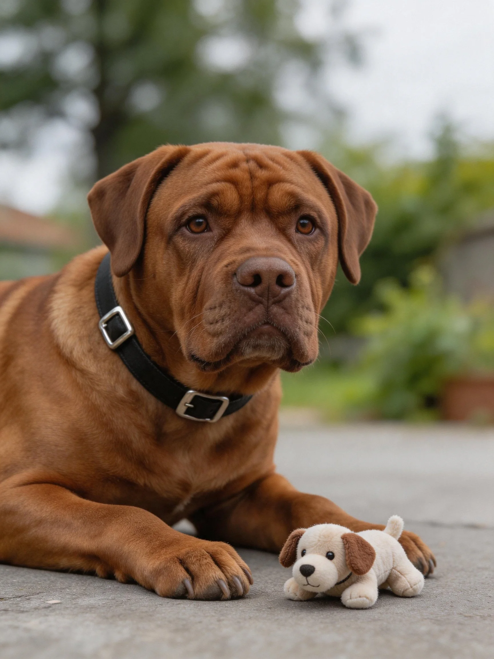 A large brown dog rests near a small stuffed puppy toy in an outdoor area.