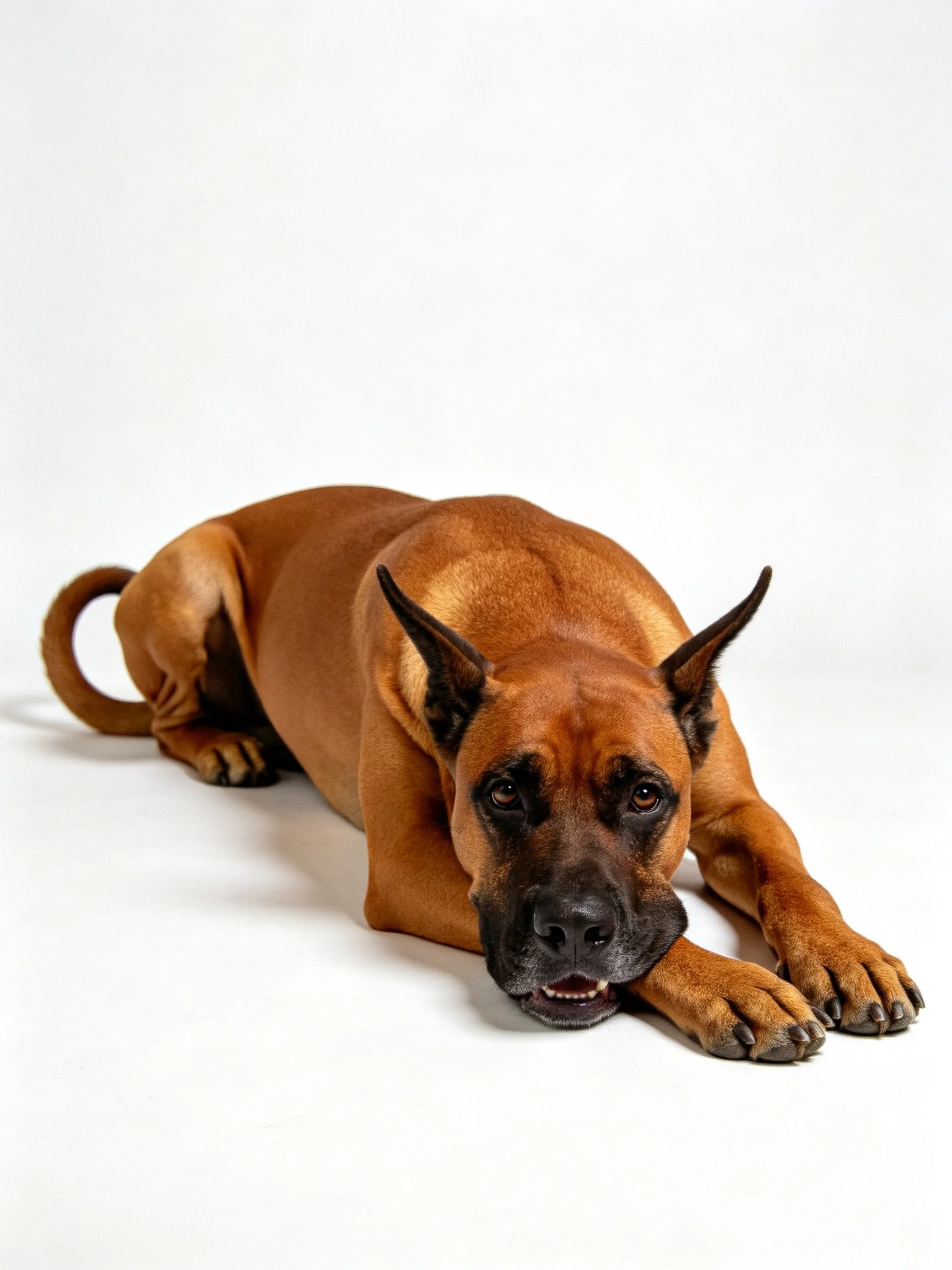 A large brown dog reclines on a white surface