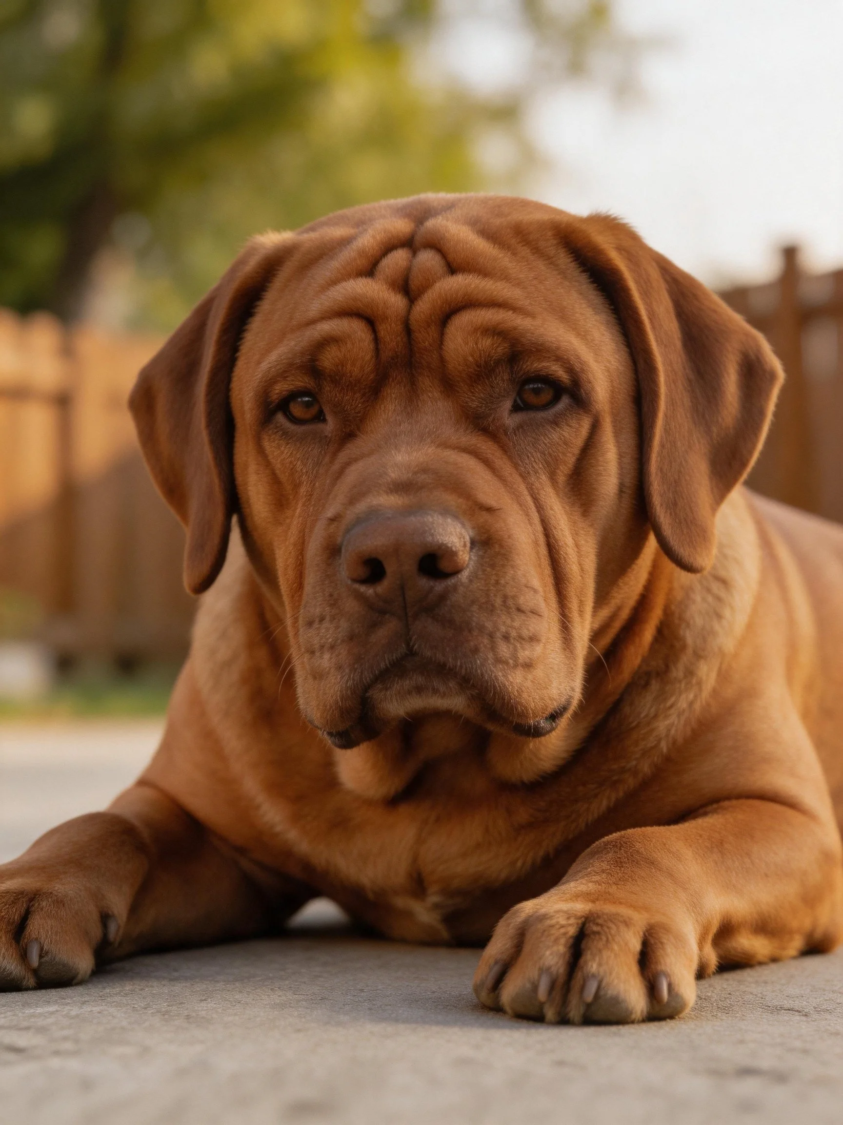 A large brown dog lies calmly on a concrete surface beside a wooden fence.